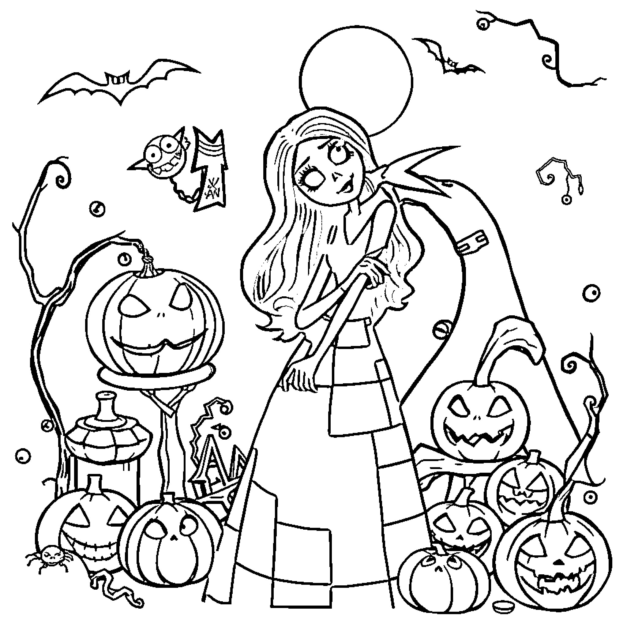 Sally's Spooky Halloween Adventure Coloring Page (free black-and-white line drawing printable PDF for all, from beginners to advanced learners, including children, teens, adults, and seniors)