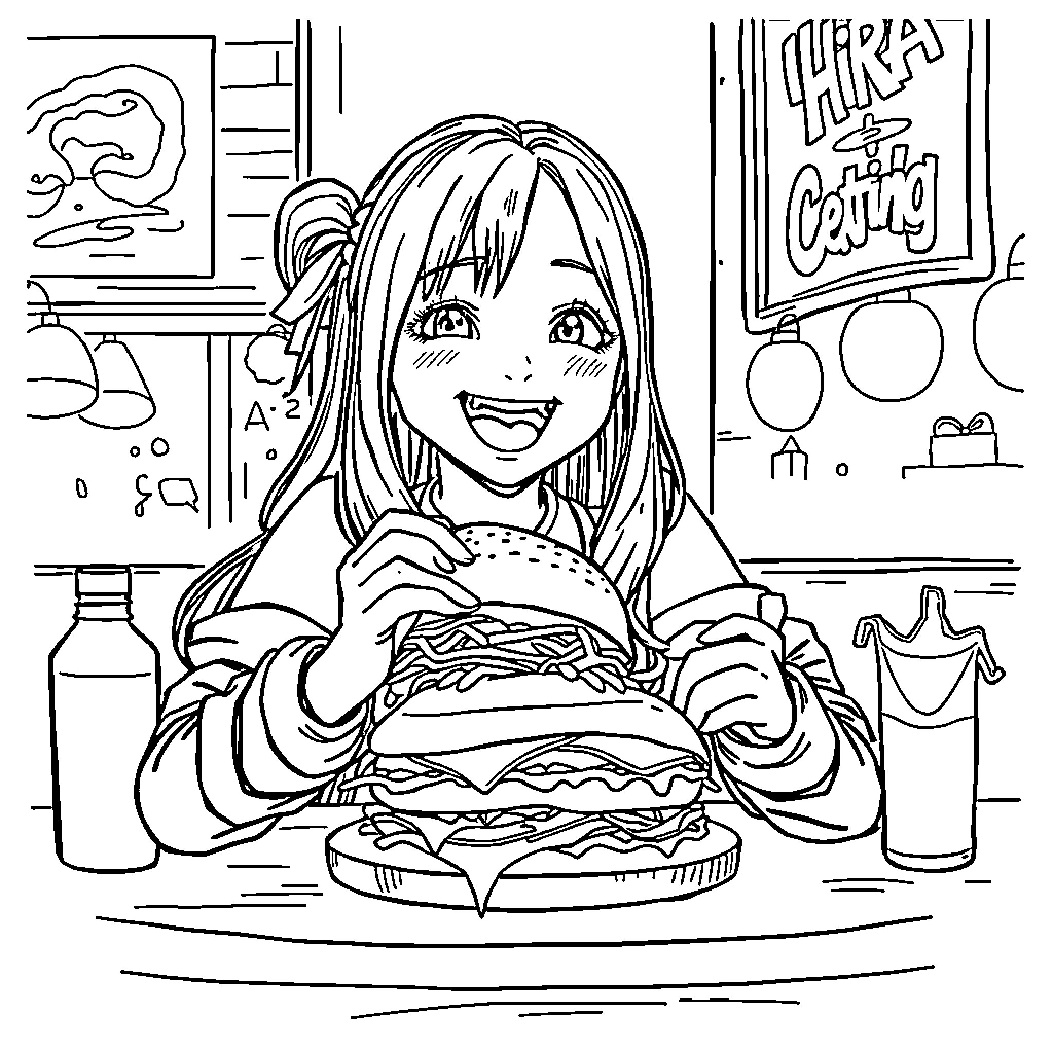 Mira Enjoys a Tasty Burger at the Cafe Coloring Page (free black-and-white line drawing printable PDF for all, from beginners to advanced learners, including children, teens, adults, and seniors)