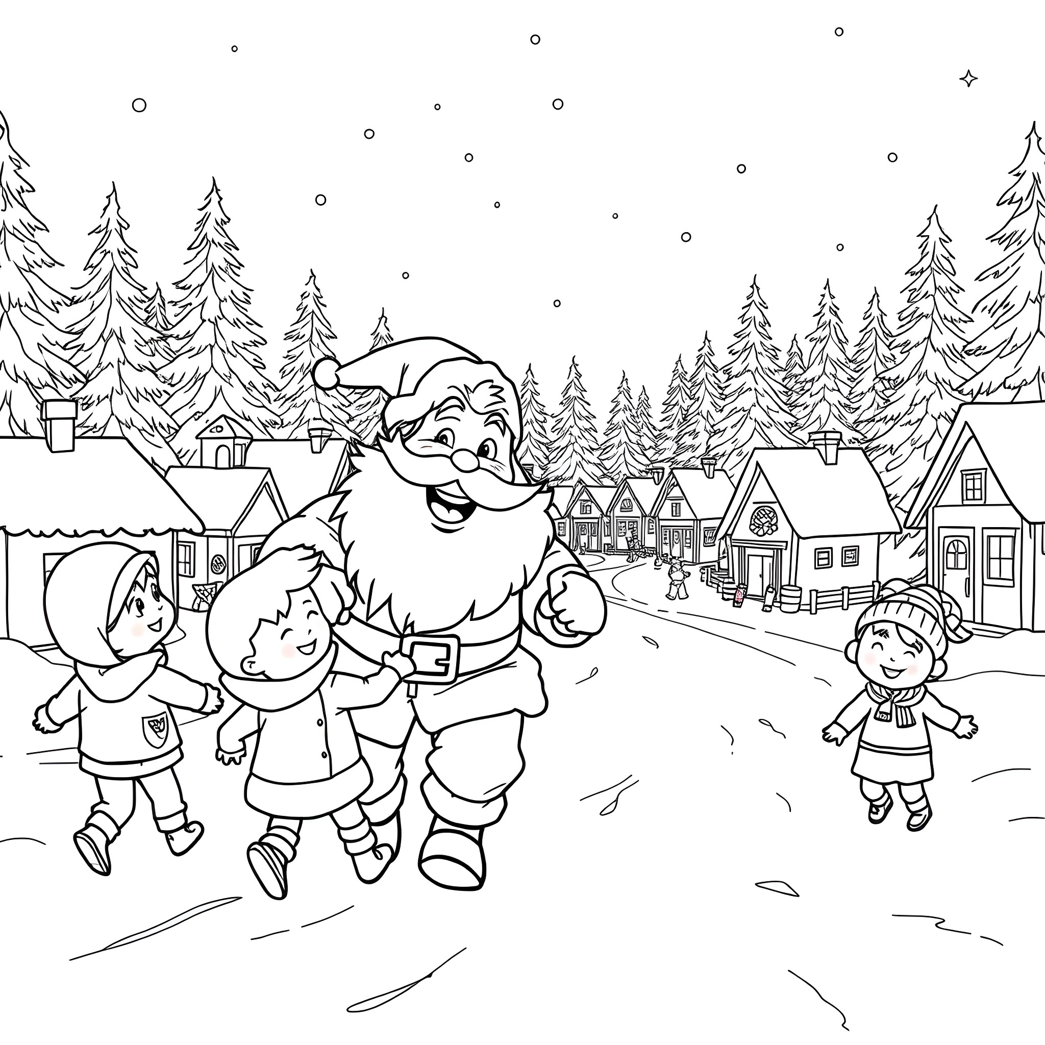 Santa and children playing in a snowy village Coloring Page (free black-and-white line drawing printable PDF for all, from beginners to advanced learners, including children, teens, adults, and seniors)