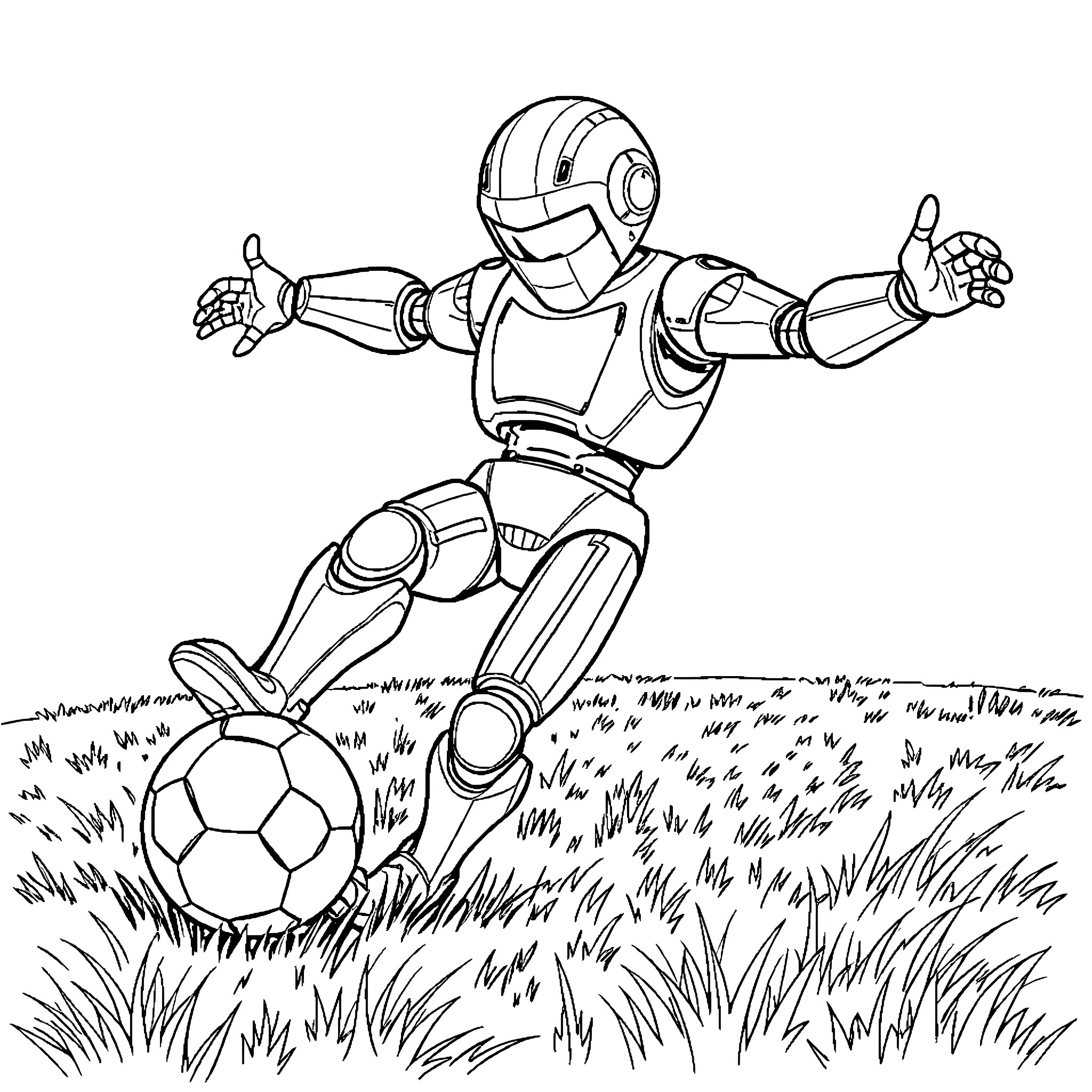 Robot Footballer Kicking a Ball in the Grass Coloring Page (free black-and-white line drawing printable PDF for all, from beginners to advanced learners, including children, teens, adults, and seniors)