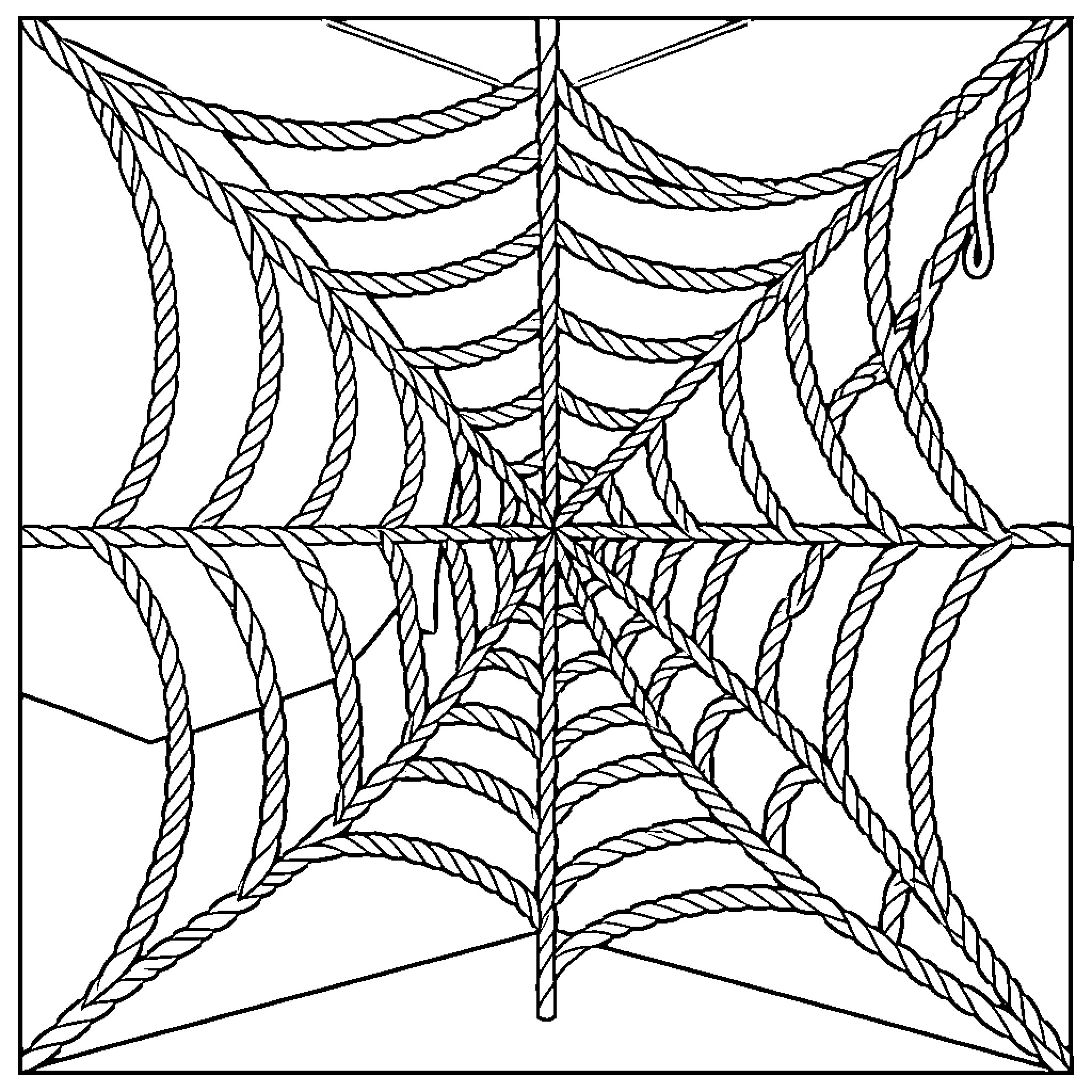 Spider Web made of thick intertwined ropes Coloring Page (free black-and-white line drawing printable PDF for all, from beginners to advanced learners, including children, teens, adults, and seniors)