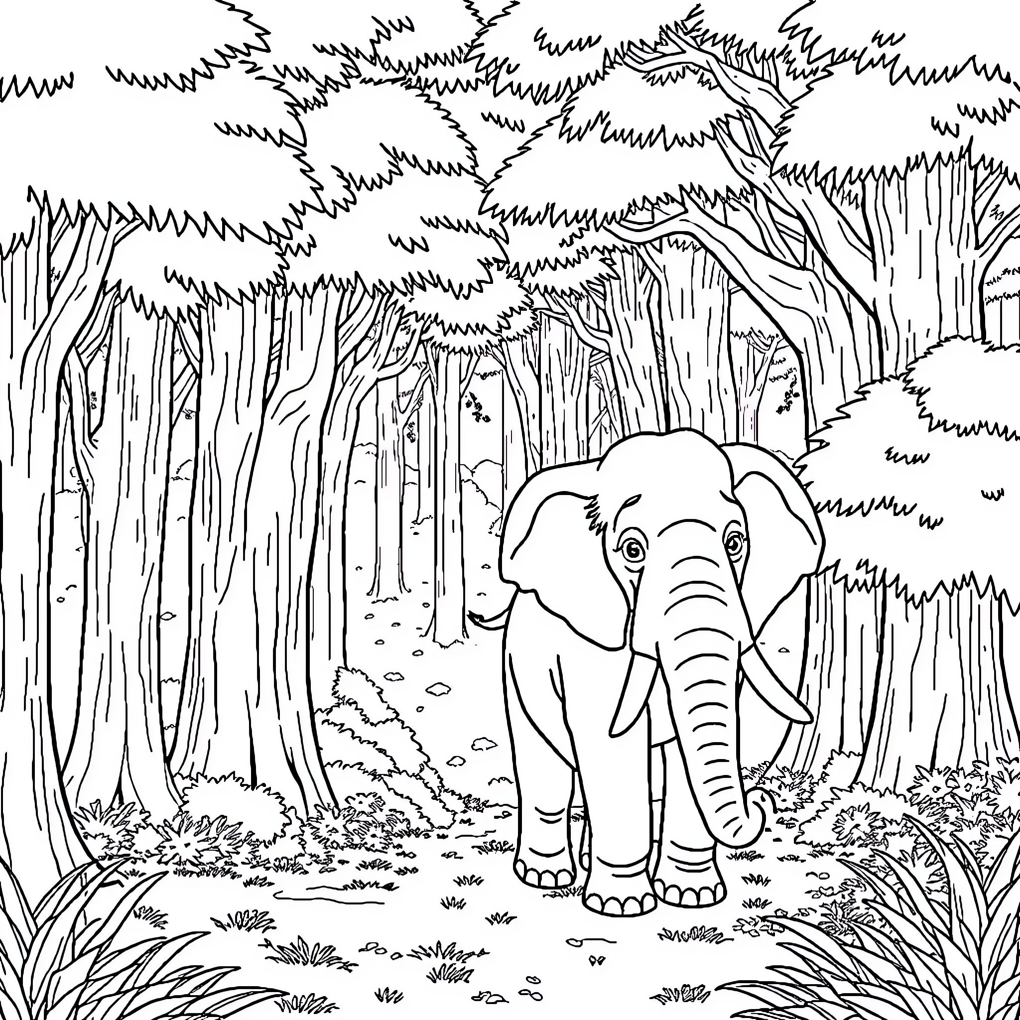 Elephant exploring lush forest Coloring Page (free black-and-white line drawing printable PDF for all, from beginners to advanced learners, including children, teens, adults, and seniors)