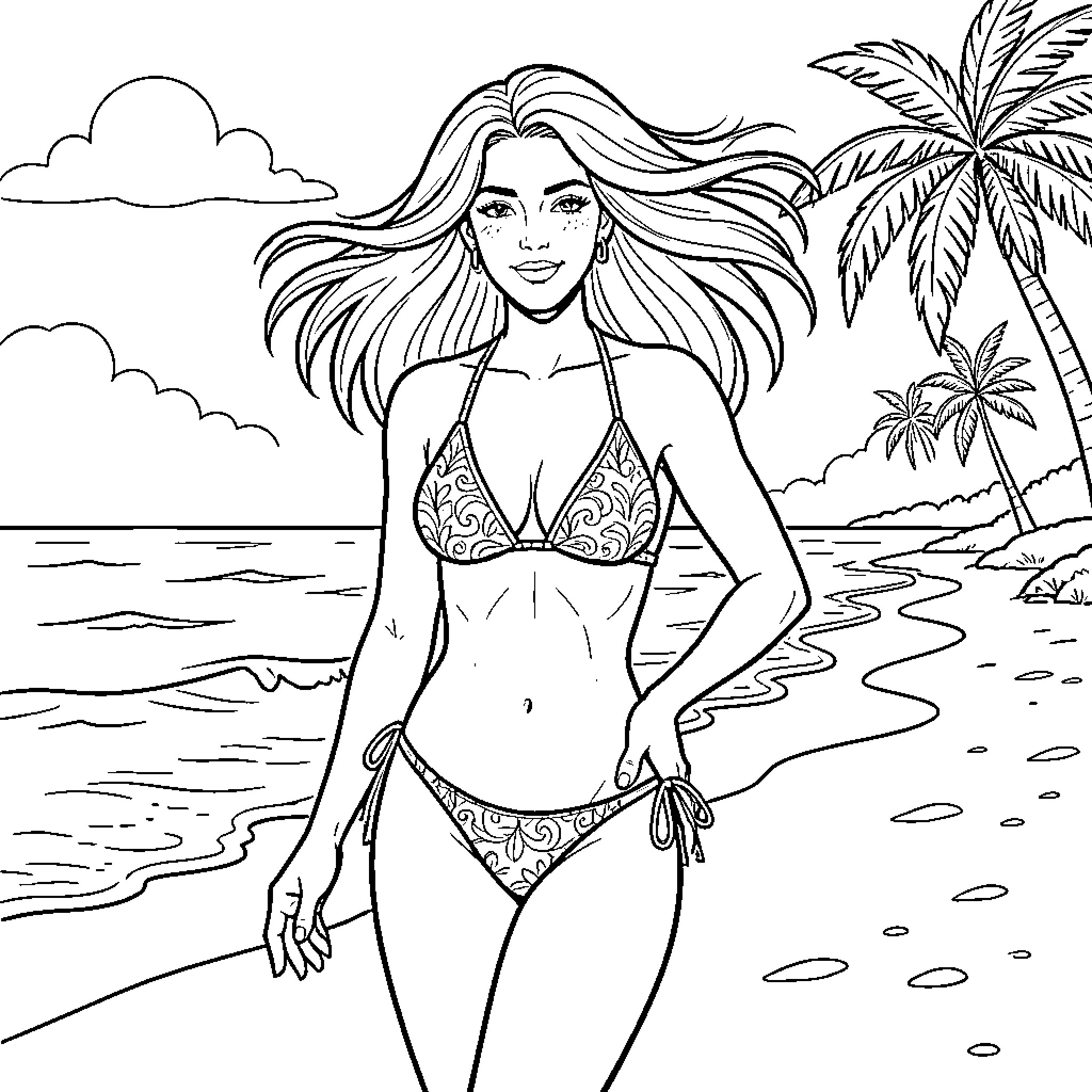 Bikini Model Posing on Tropical Beach Coloring Page (free black-and-white line drawing printable PDF for all, from beginners to advanced learners, including children, teens, adults, and seniors)