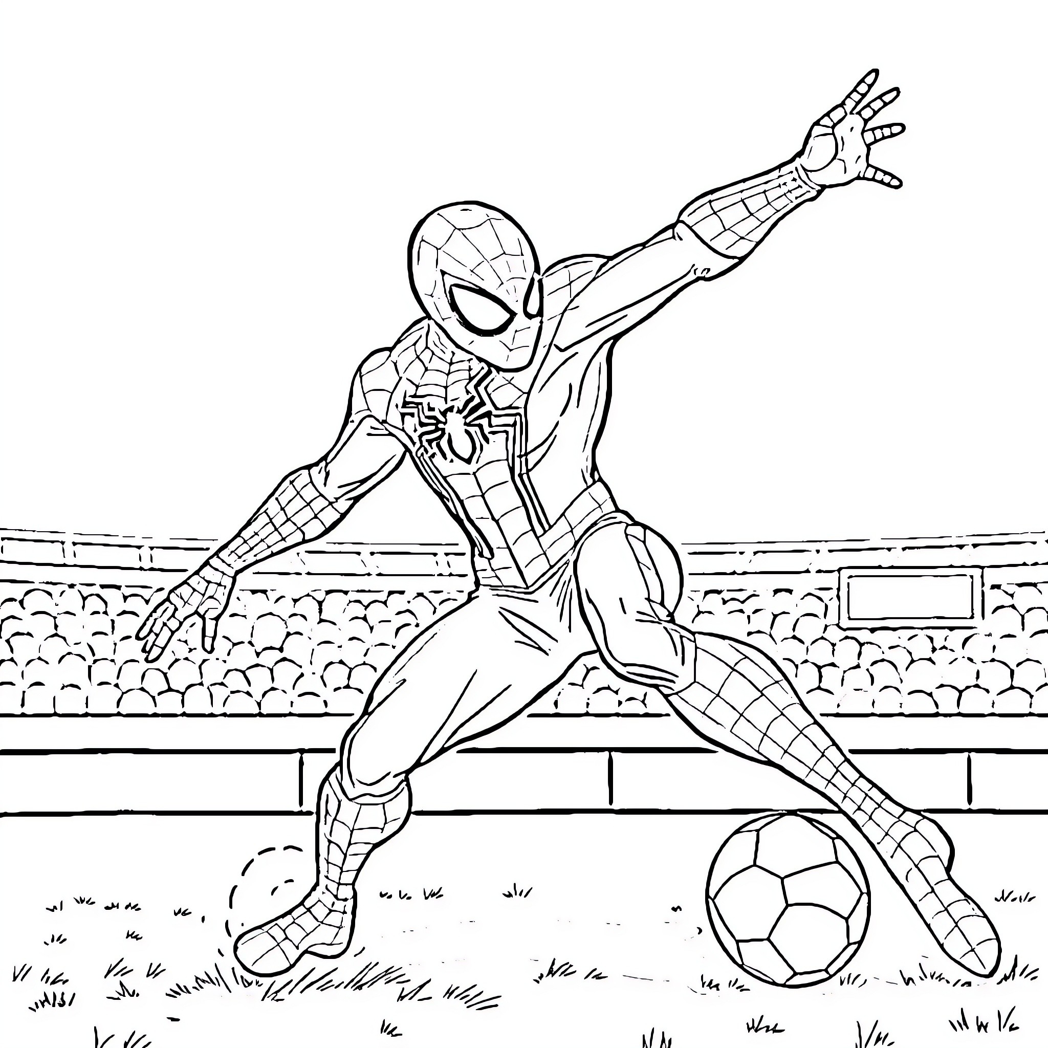 Spider-Man playing soccer on field Coloring Page (free black-and-white line drawing printable PDF for all, from beginners to advanced learners, including children, teens, adults, and seniors)