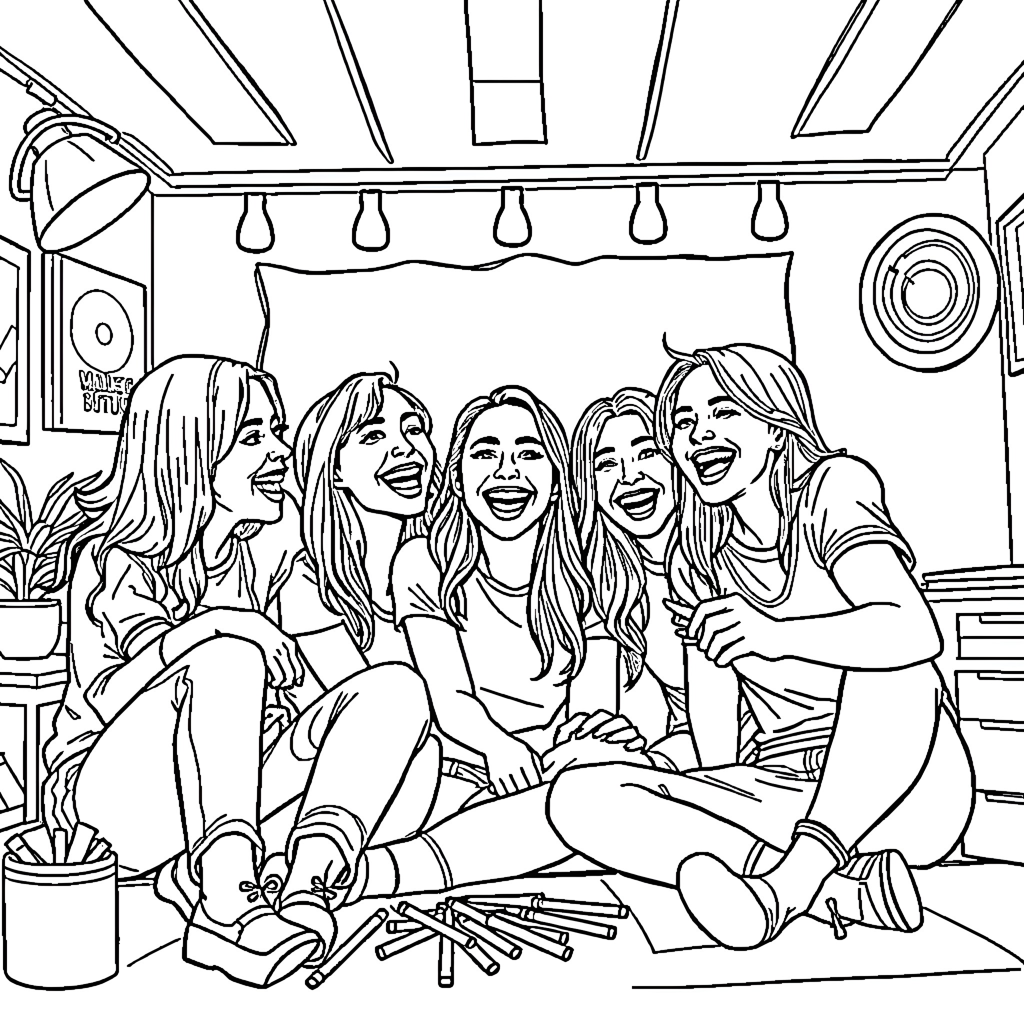 Youtubers hanging out in a cozy studio Coloring Page (free black-and-white line drawing printable PDF for all, from beginners to advanced learners, including children, teens, adults, and seniors)