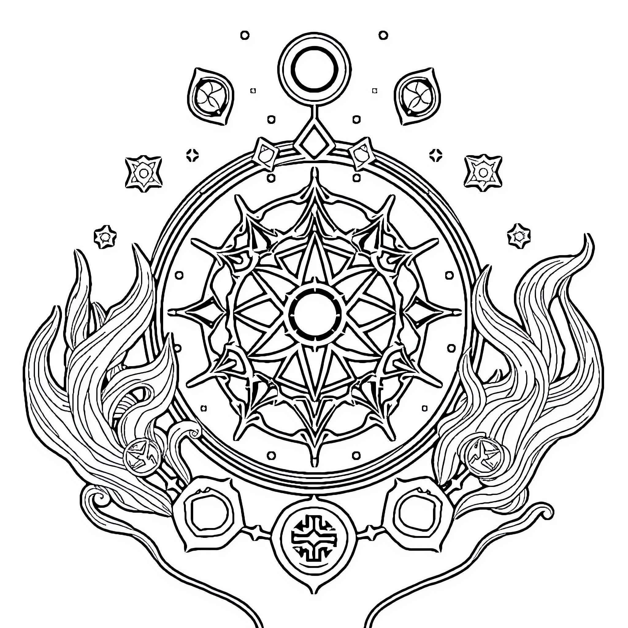 Cyberstigolism: Mystical Geometric Mandala Symbols Coloring Page (free black-and-white line drawing printable PDF for all, from beginners to advanced learners, including children, teens, adults, and seniors)