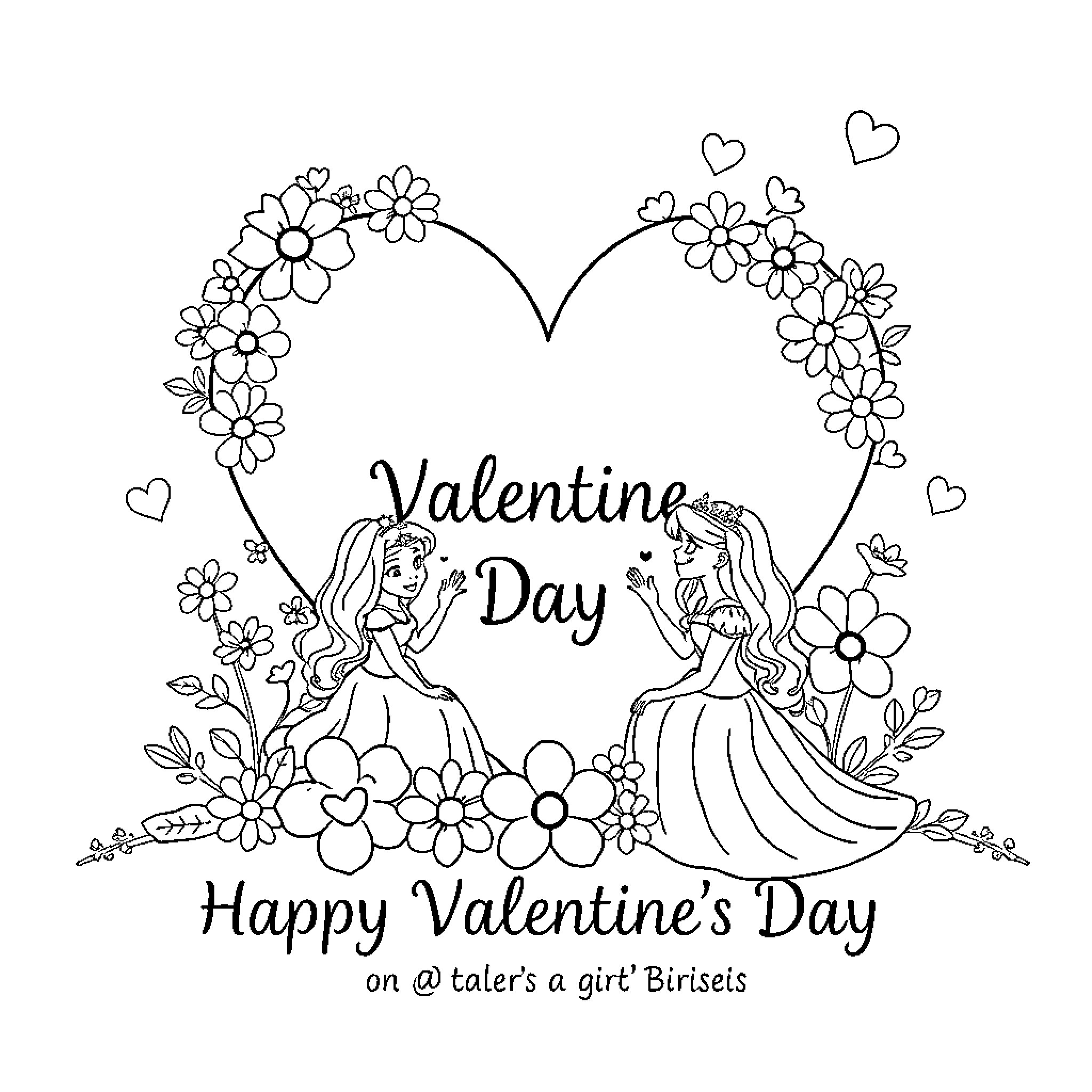 Heart-shaped flowers frame for Valentine's Day celebration Coloring Page (free black-and-white line drawing printable PDF for all, from beginners to advanced learners, including children, teens, adults, and seniors)