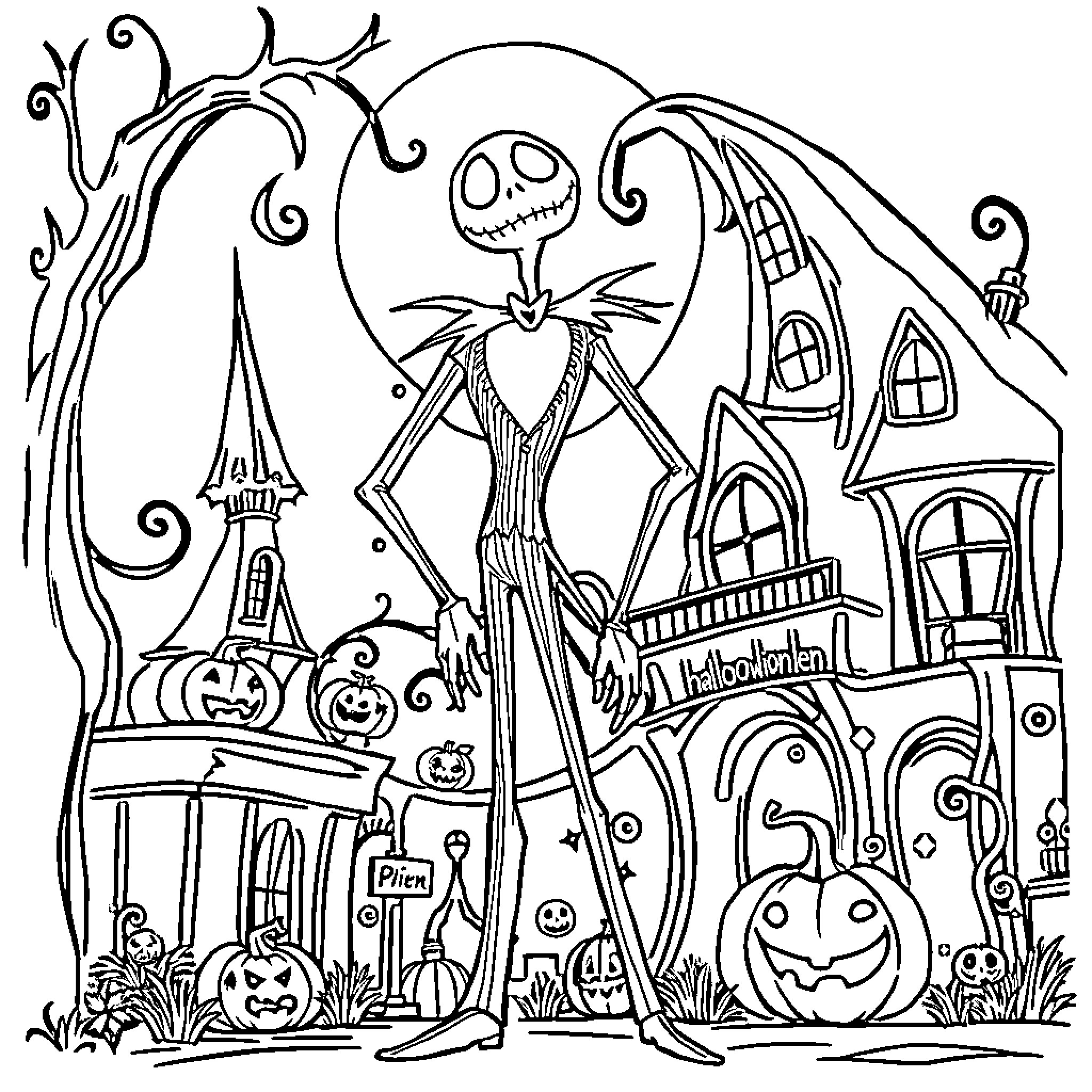 Jack Skellington in a Halloween town scene Coloring Page (free black-and-white line drawing printable PDF for all, from beginners to advanced learners, including children, teens, adults, and seniors)
