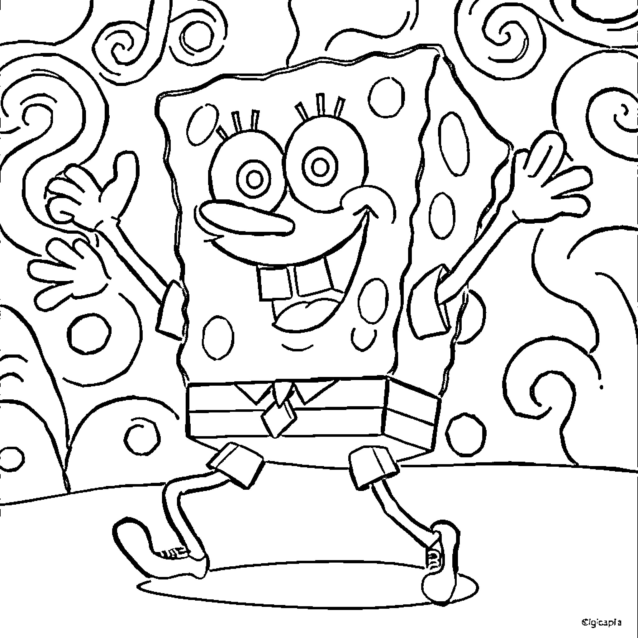 Spongebob jumping joyfully in abstract background Coloring Page (free black-and-white line drawing printable PDF for all, from beginners to advanced learners, including children, teens, adults, and seniors)