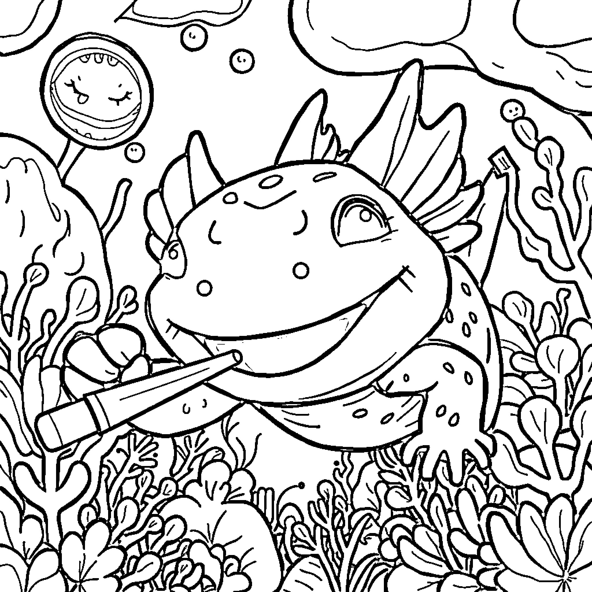 Axolotl exploring the underwater world Coloring Page (free black-and-white line drawing printable PDF for all, from beginners to advanced learners, including children, teens, adults, and seniors)