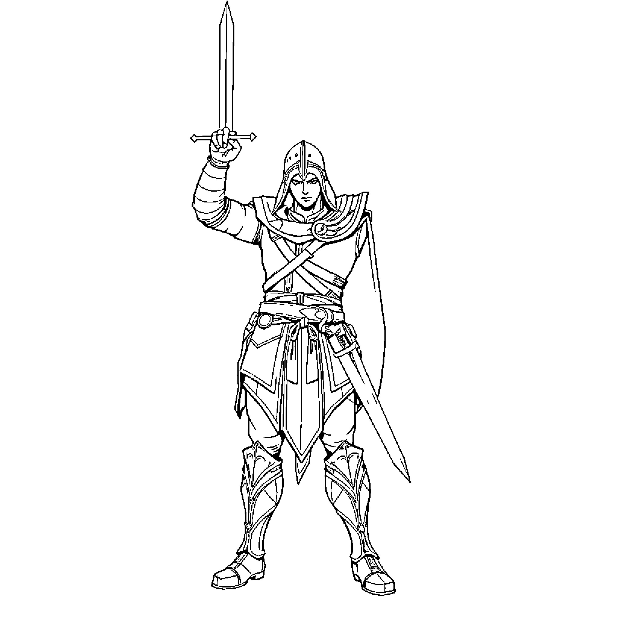 Corvo Attano wielding sword and shield in action pose Coloring Page (free black-and-white line drawing printable PDF for all, from beginners to advanced learners, including children, teens, adults, and seniors)