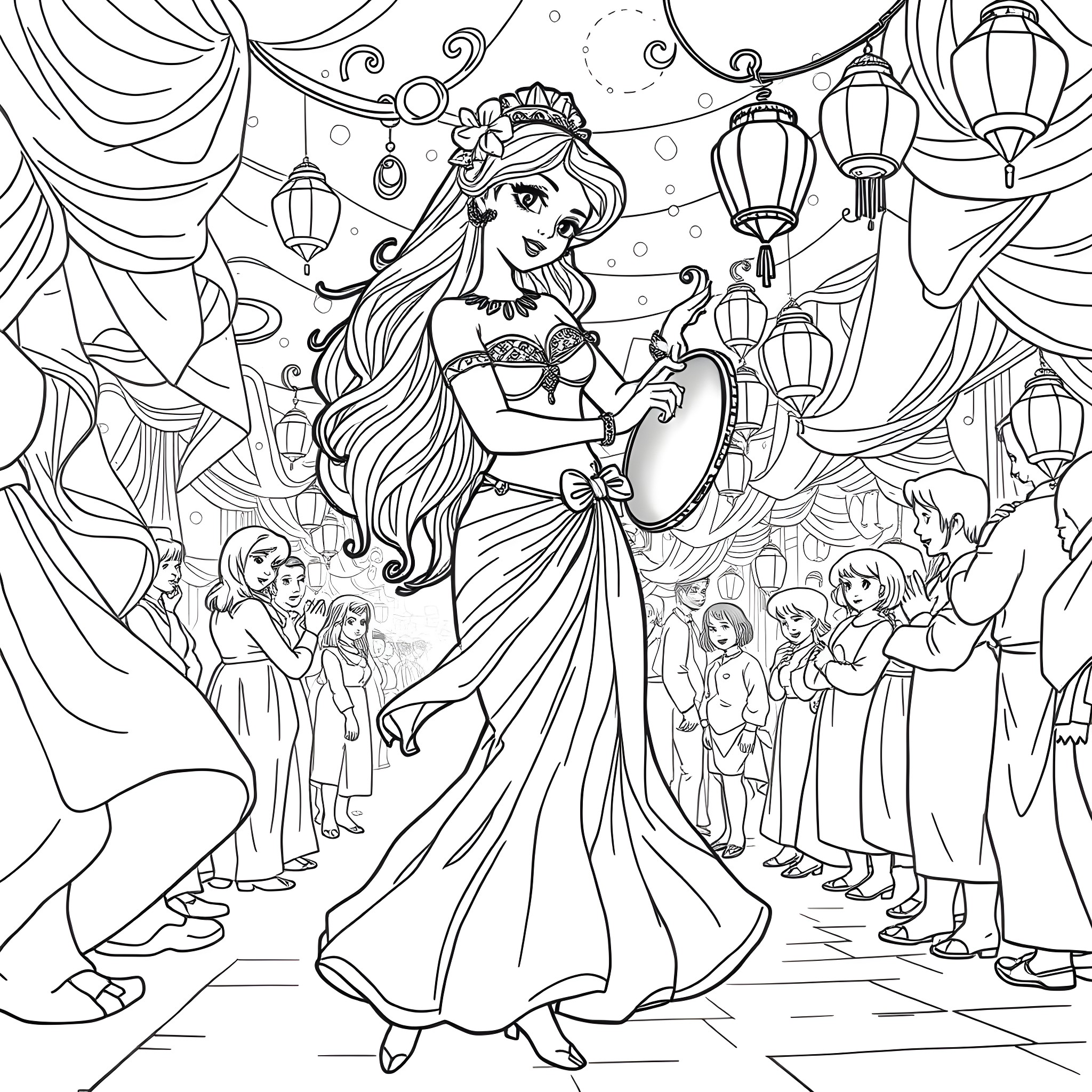 Esmeralda's Joyful Dance in the Lantern-Lit Festival Coloring Page (free black-and-white line drawing printable PDF for all, from beginners to advanced learners, including children, teens, adults, and seniors)