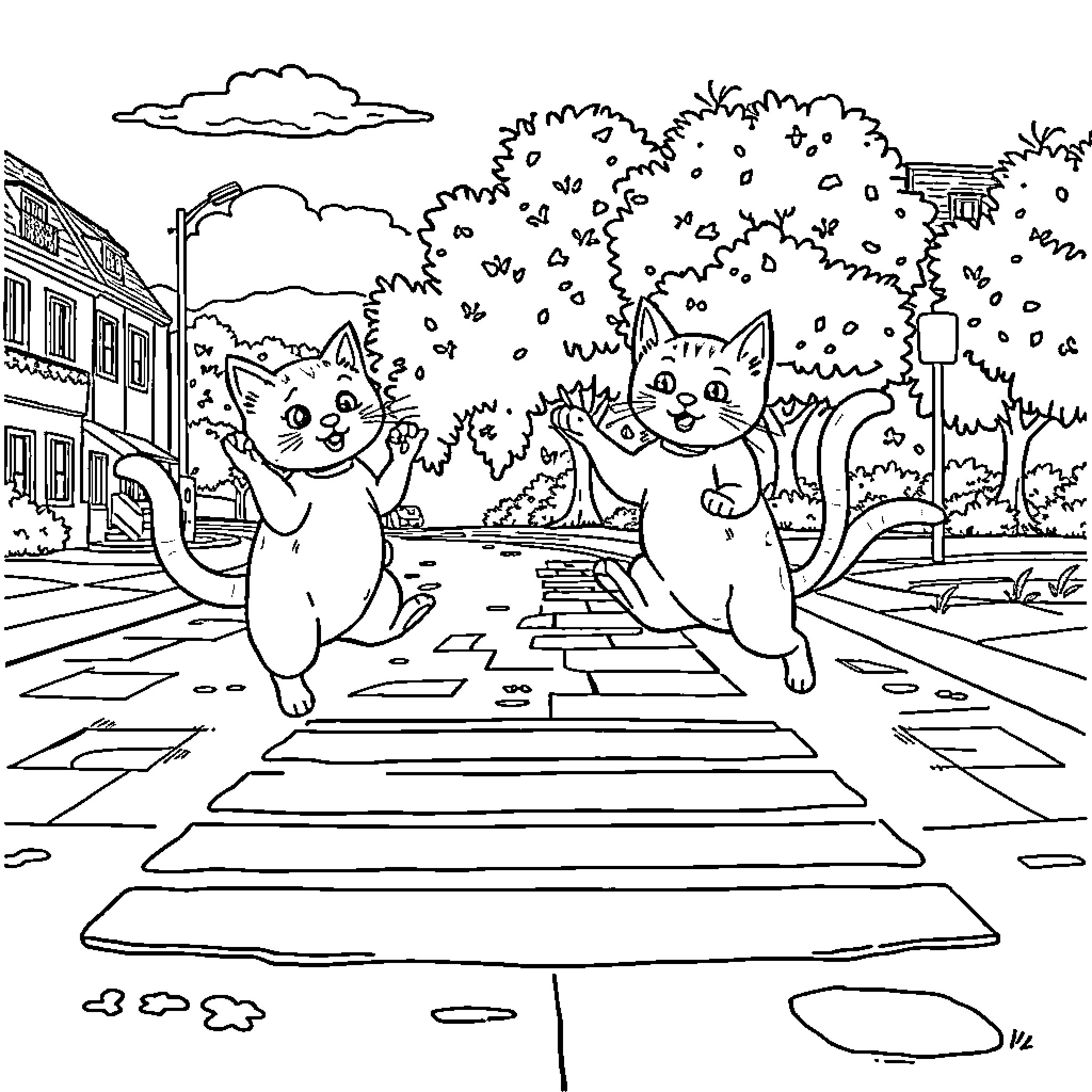 Cats crossing the street in a city Coloring Page (free black-and-white line drawing printable PDF for all, from beginners to advanced learners, including children, teens, adults, and seniors)