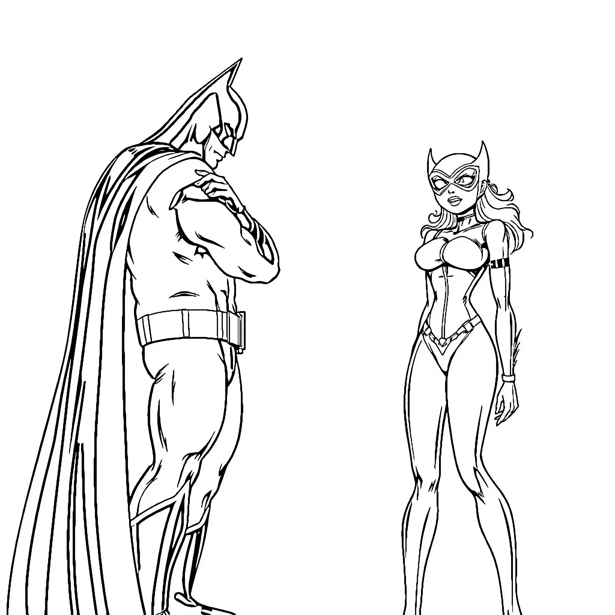 Batman and female superhero in action poses Coloring Page (free black-and-white line drawing printable PDF for all, from beginners to advanced learners, including children, teens, adults, and seniors)