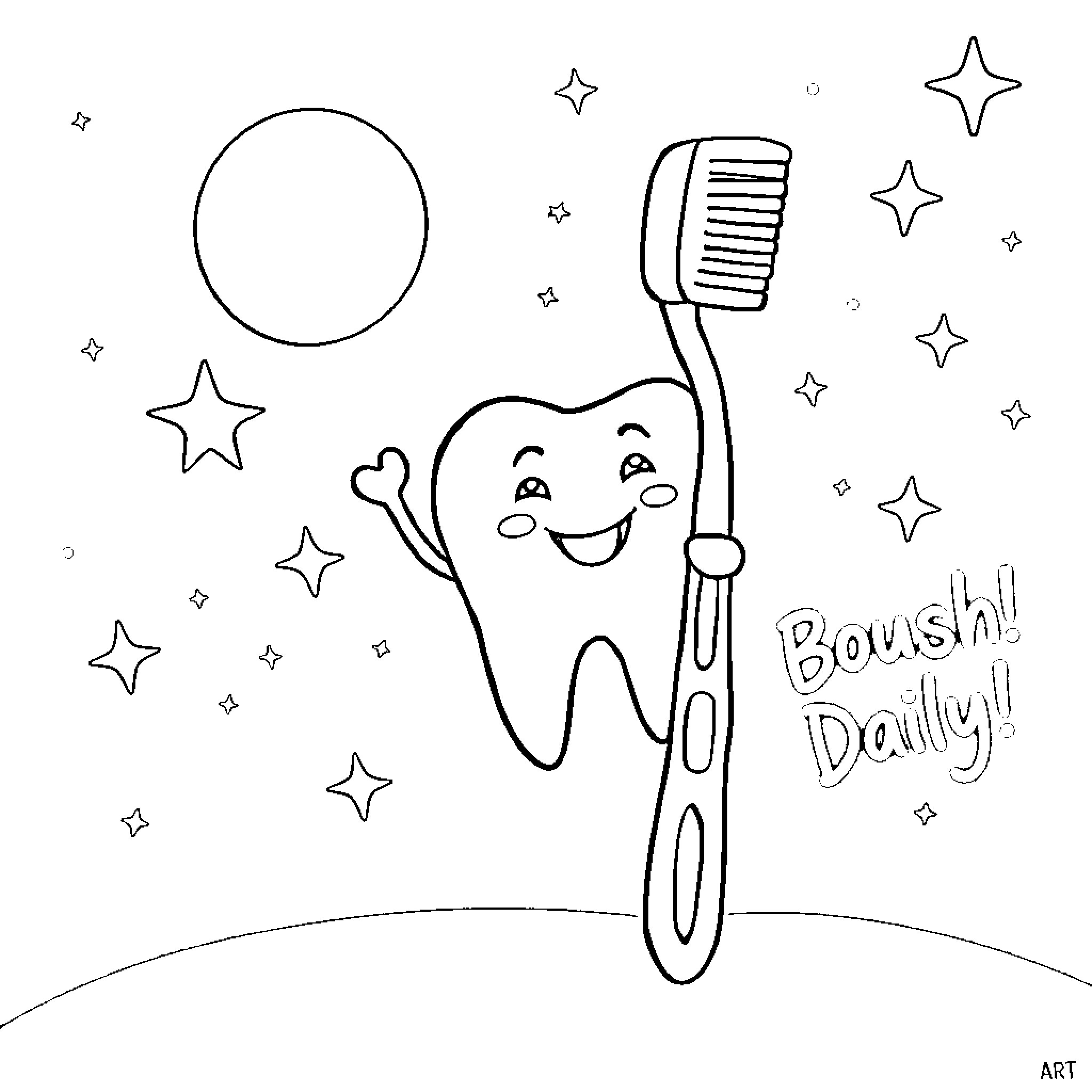 Tooth brushing with stars and bubbles Coloring Page (free black-and-white line drawing printable PDF for all, from beginners to advanced learners, including children, teens, adults, and seniors)