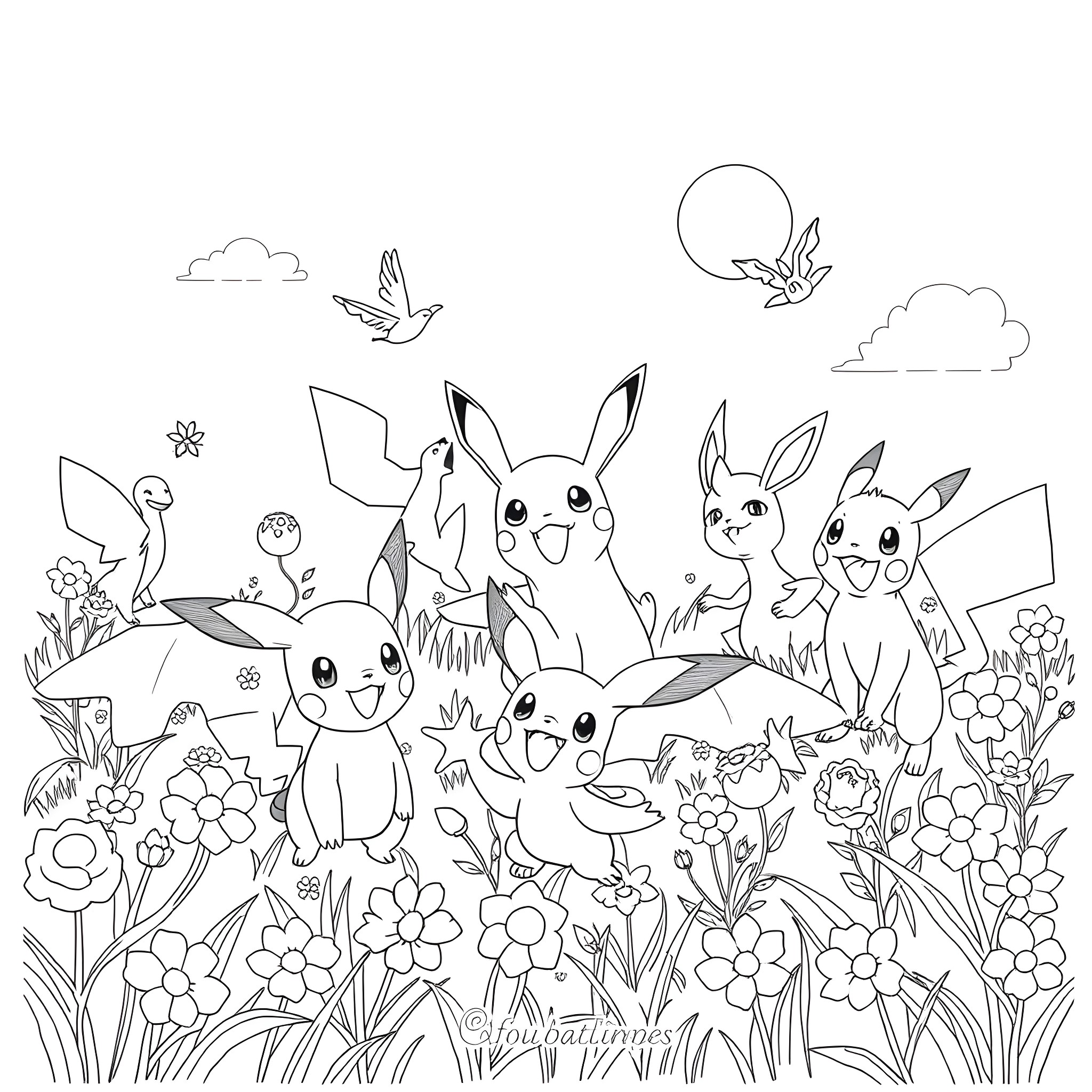 Pokémon characters playing joyfully in a floral meadow Coloring Page (free black-and-white line drawing printable PDF for all, from beginners to advanced learners, including children, teens, adults, and seniors)