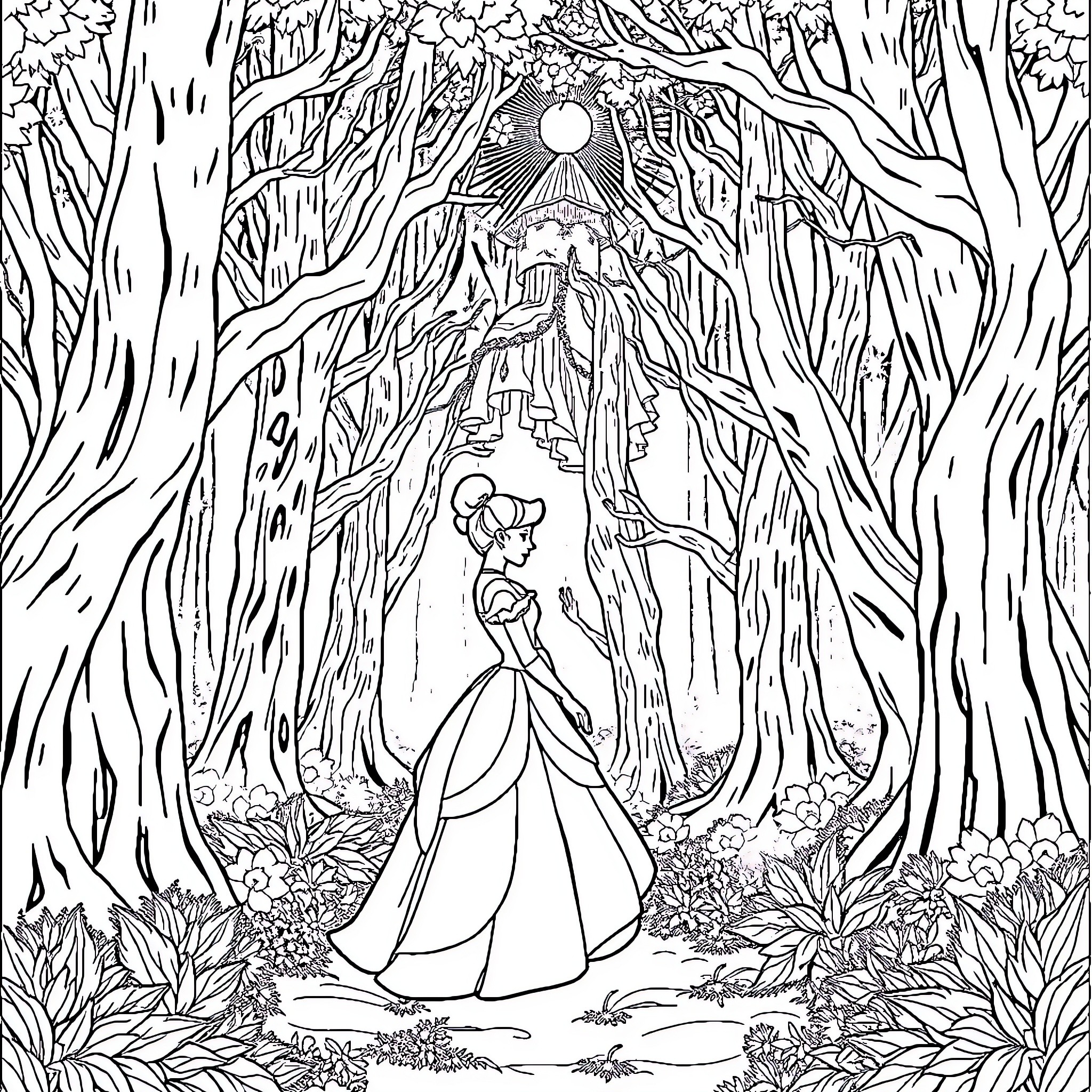 Cinderella's Enchanted Forest Adventure Coloring Page (free black-and-white line drawing printable PDF for all, from beginners to advanced learners, including children, teens, adults, and seniors)