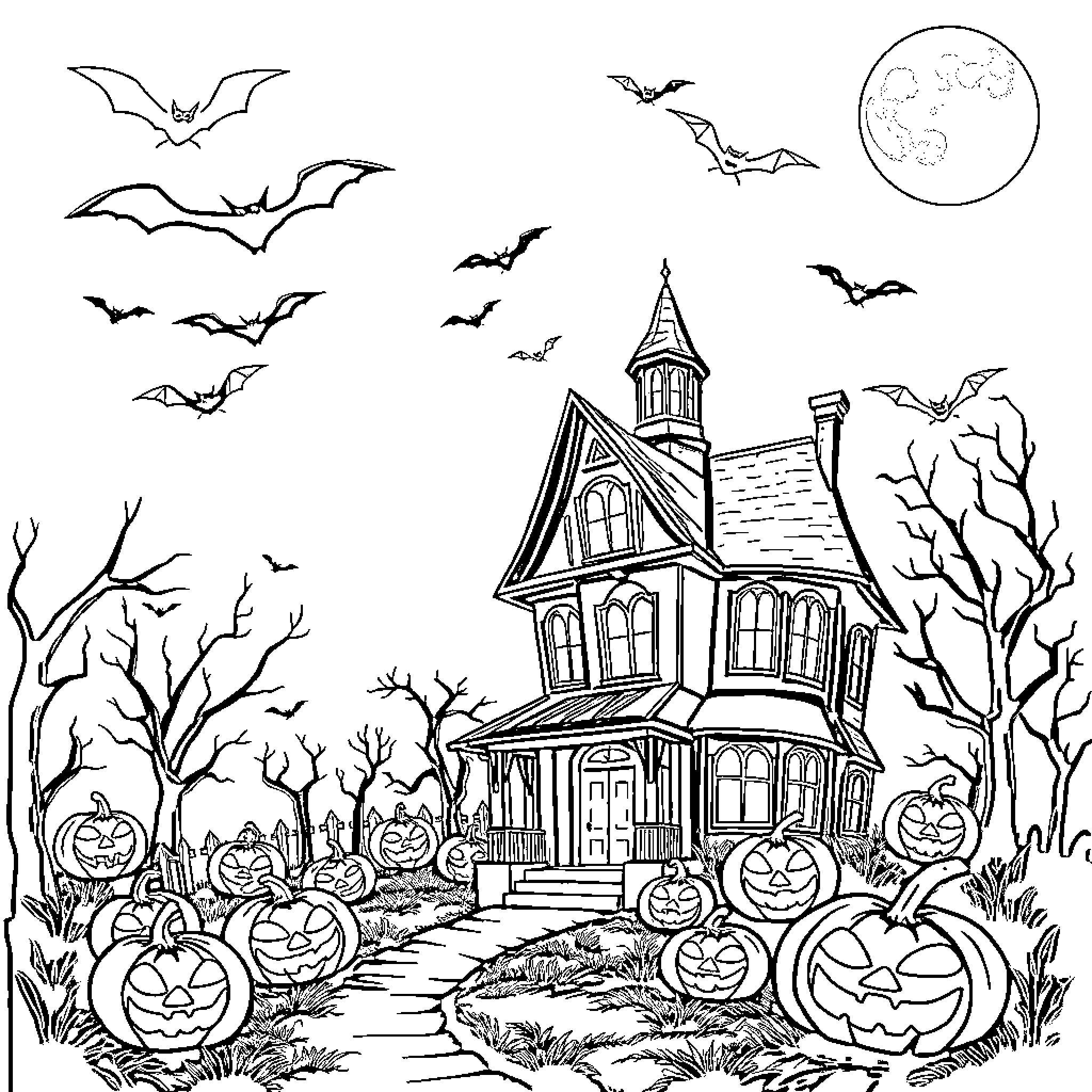 Halloween haunted house with spooky pumpkins and bats Coloring Page (free black-and-white line drawing printable PDF for all, from beginners to advanced learners, including children, teens, adults, and seniors)