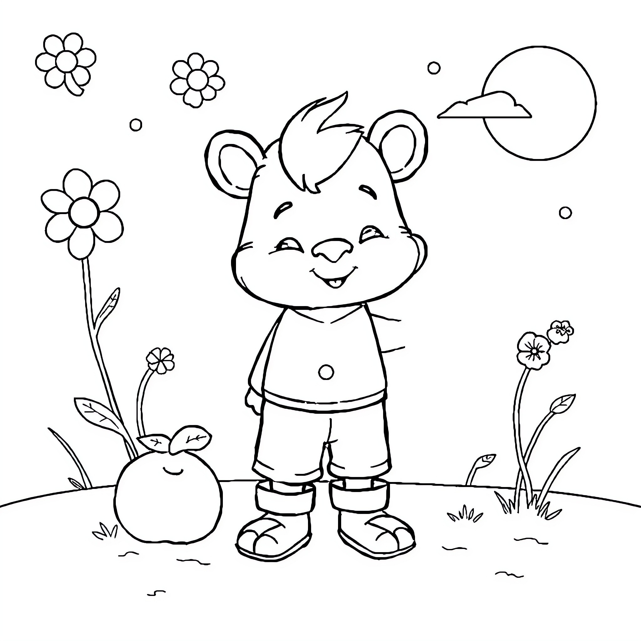 Kids playing in the park with flowers Coloring Page (free black-and-white line drawing printable PDF for all, from beginners to advanced learners, including children, teens, adults, and seniors)