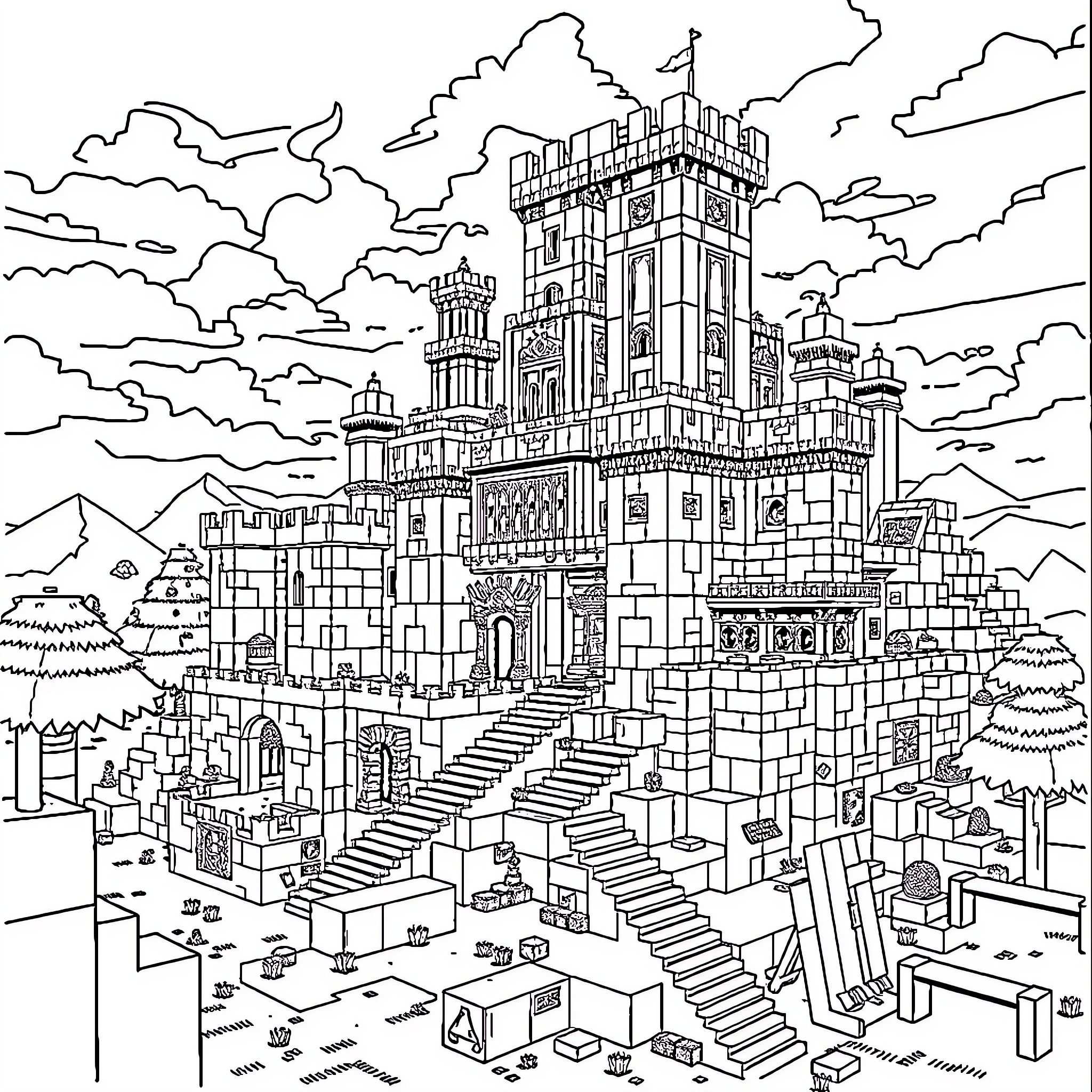 Minecraft Base with Impressive Castle and Elaborate Landscape Coloring Page (free black-and-white line drawing printable PDF for all, from beginners to advanced learners, including children, teens, adults, and seniors)