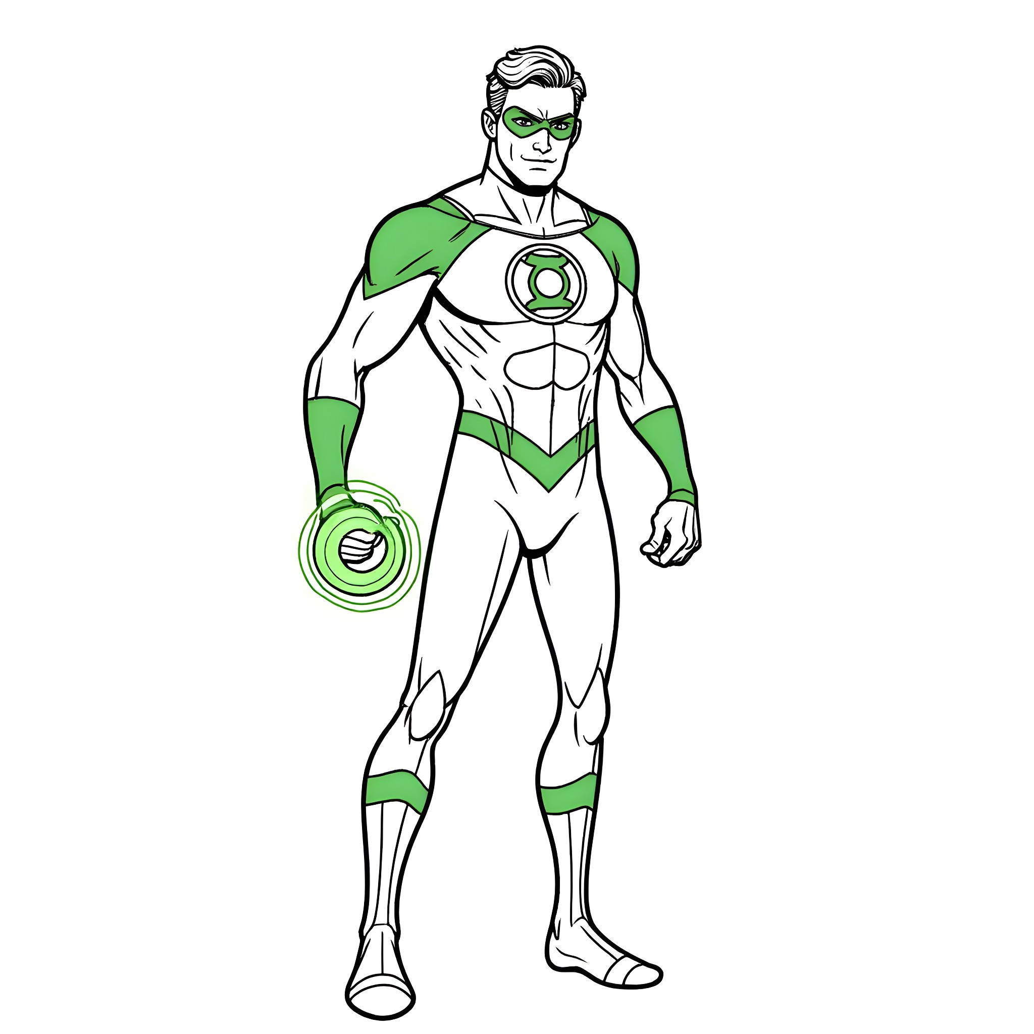 Green Lantern Heroic Pose in Action Coloring Page (free black-and-white line drawing printable PDF for all, from beginners to advanced learners, including children, teens, adults, and seniors)