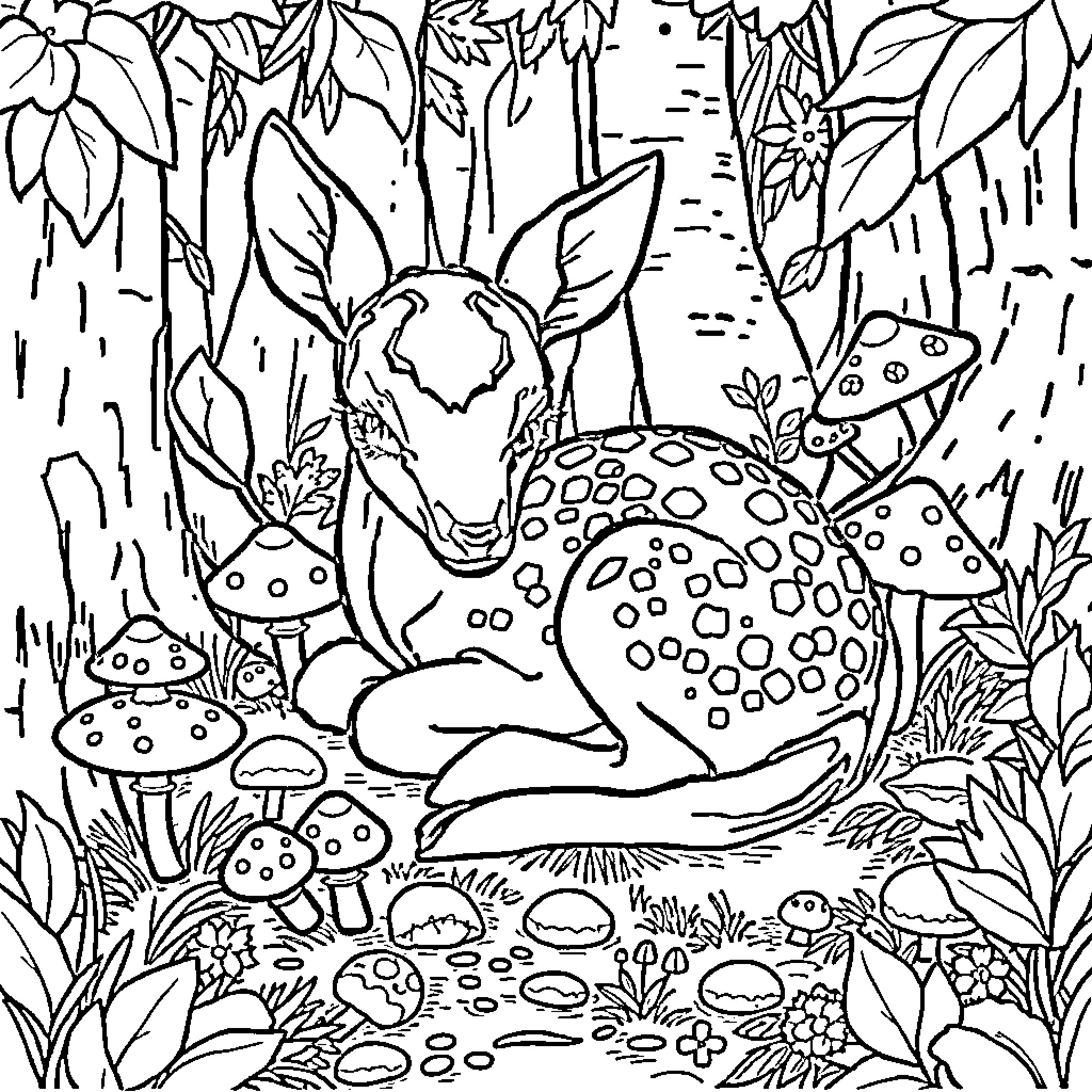 Fawn resting in the enchanted forest Coloring Page (free black-and-white line drawing printable PDF for all, from beginners to advanced learners, including children, teens, adults, and seniors)