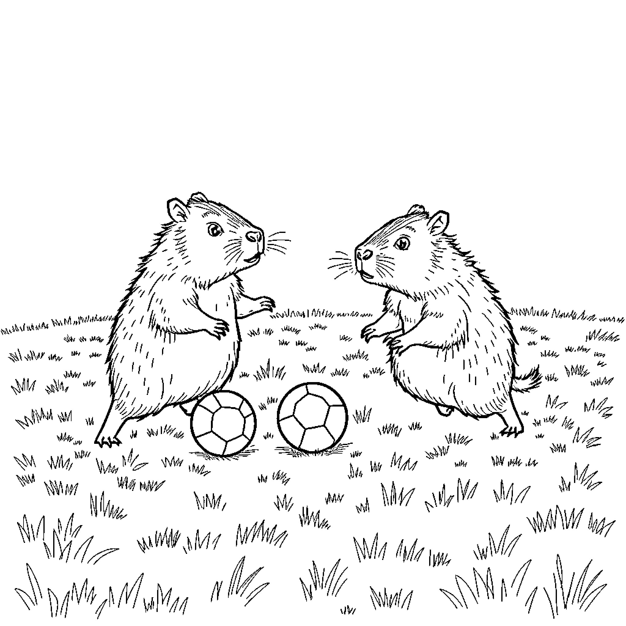 Capybara playing with soccer balls in the meadow Coloring Page (free black-and-white line drawing printable PDF for all, from beginners to advanced learners, including children, teens, adults, and seniors)