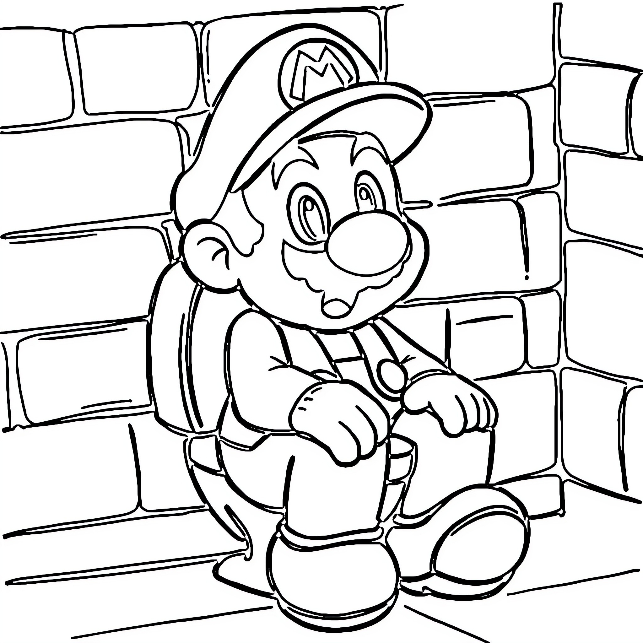 Mario climbing a brick wall Coloring Page (free black-and-white line drawing printable PDF for all, from beginners to advanced learners, including children, teens, adults, and seniors)