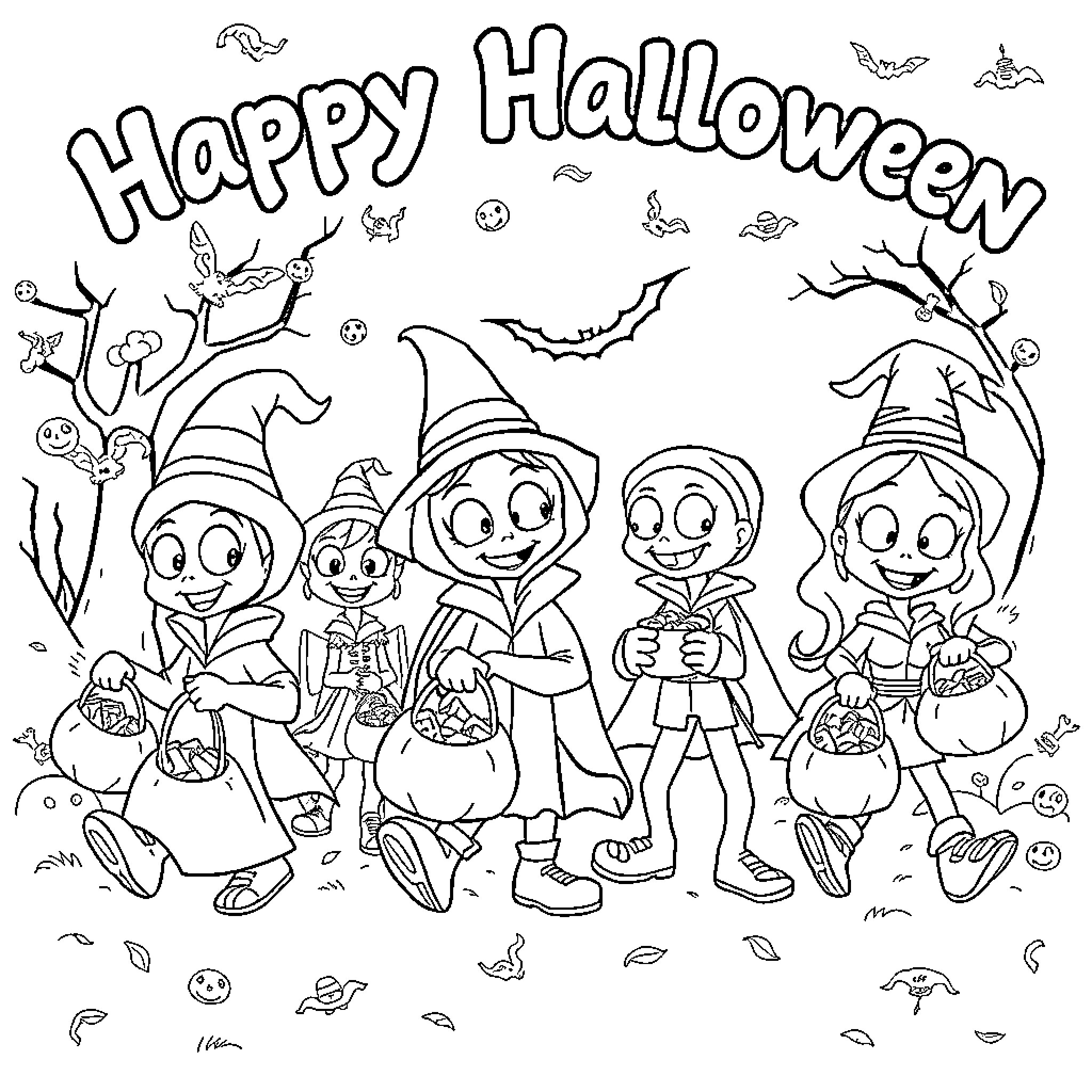 Squid Game Characters Celebrate Happy Halloween Coloring Page (free black-and-white line drawing printable PDF for all, from beginners to advanced learners, including children, teens, adults, and seniors)