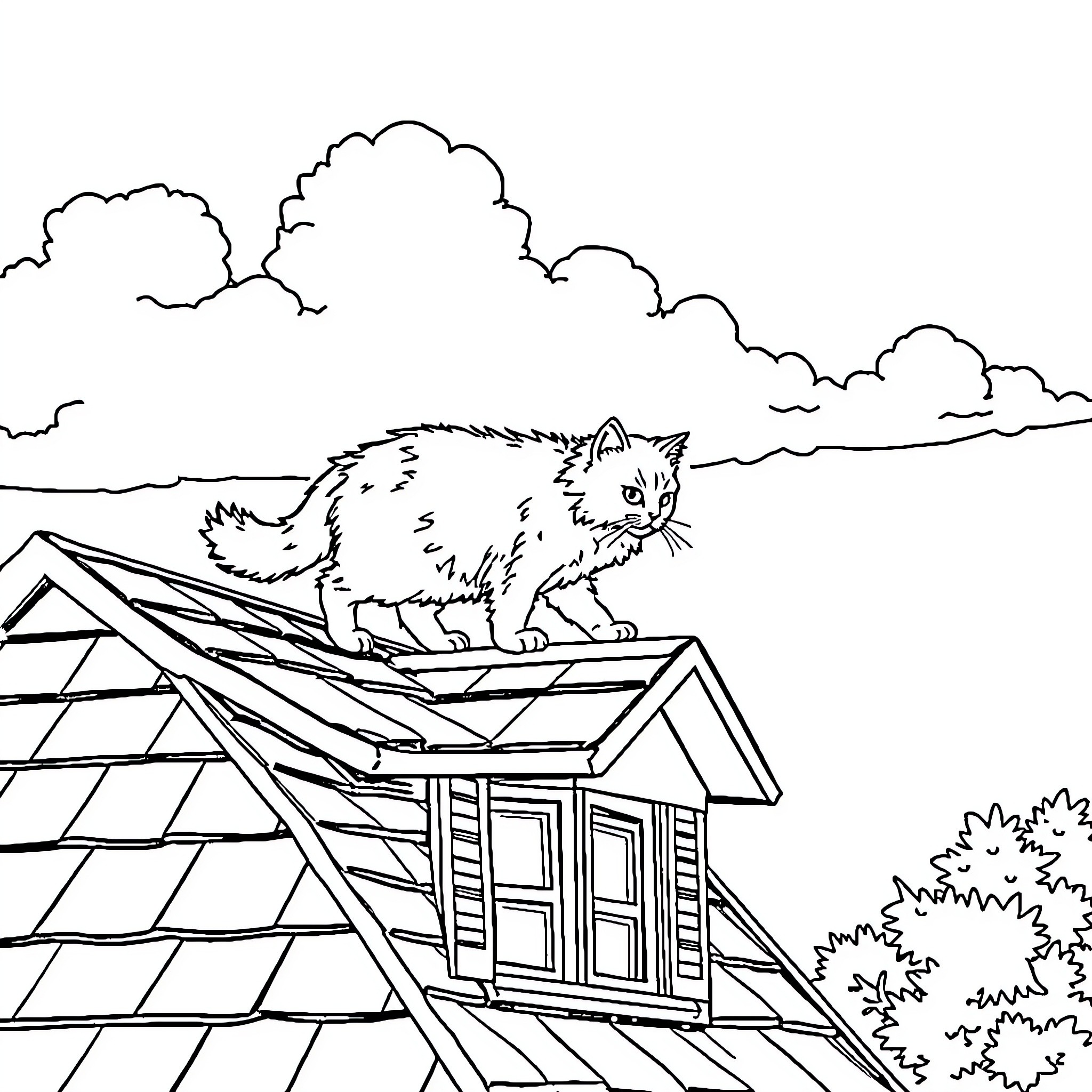 Cat exploring atop the rooftop Coloring Page (free black-and-white line drawing printable PDF for all, from beginners to advanced learners, including children, teens, adults, and seniors)