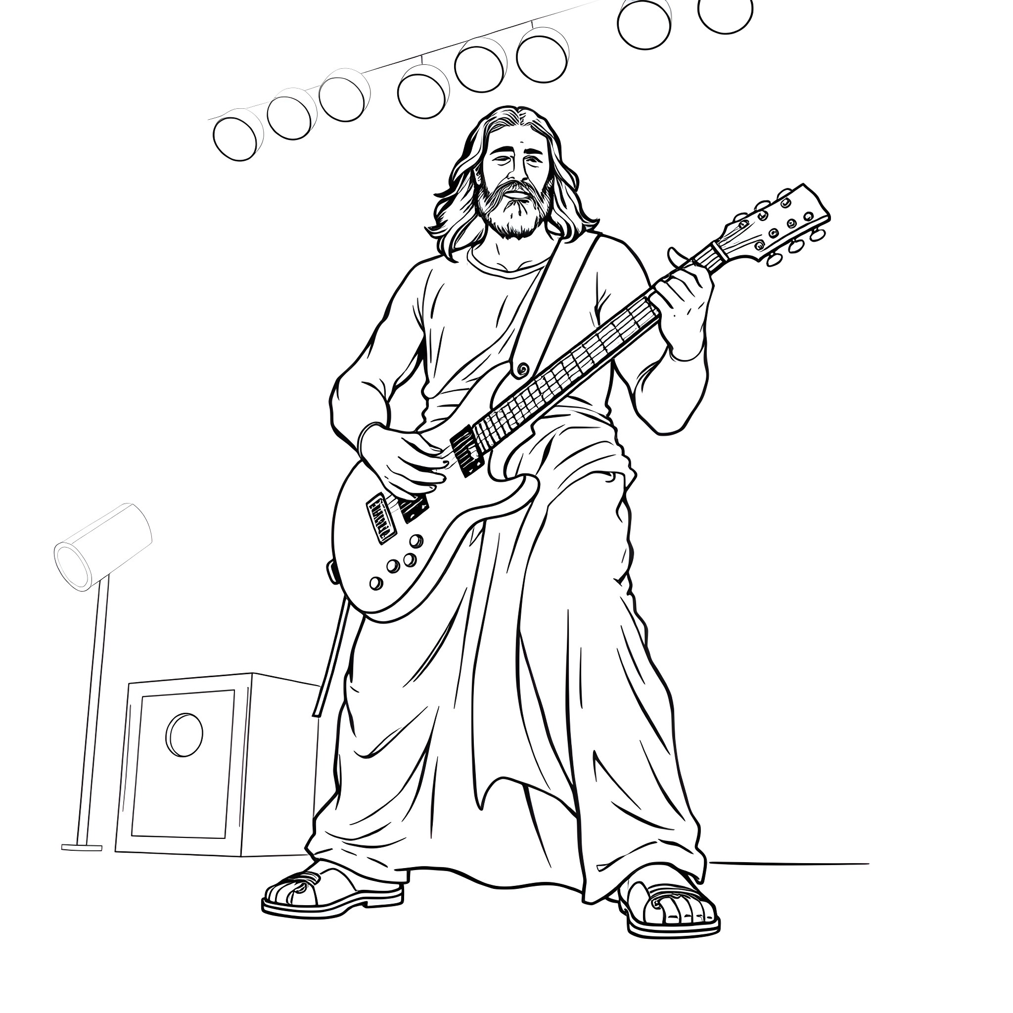 Jesus playing electric guitar on stage Coloring Page (free black-and-white line drawing printable PDF for all, from beginners to advanced learners, including children, teens, adults, and seniors)