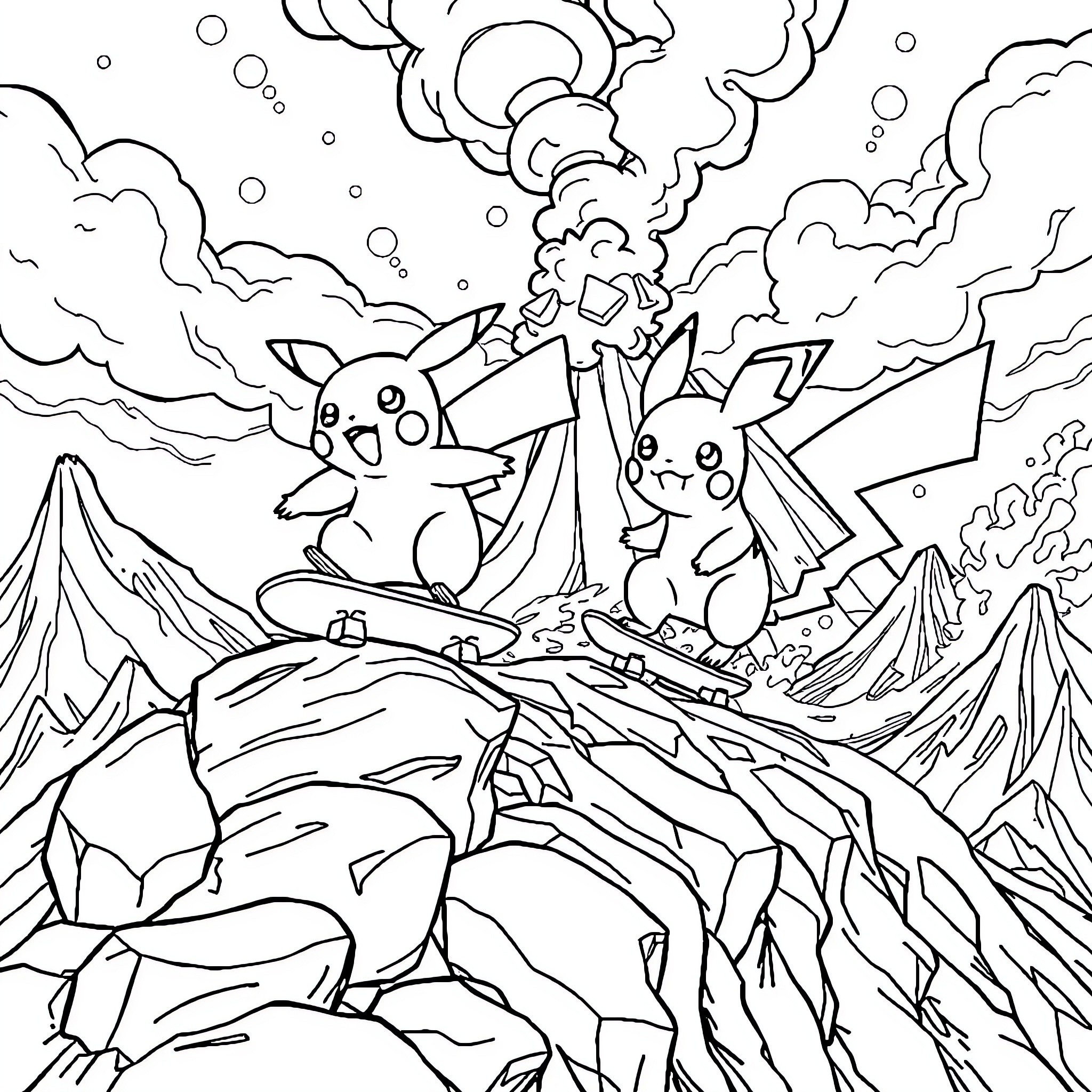 Pikachu and Friends Adventuring in the Mountains Coloring Page (free black-and-white line drawing printable PDF for all, from beginners to advanced learners, including children, teens, adults, and seniors)