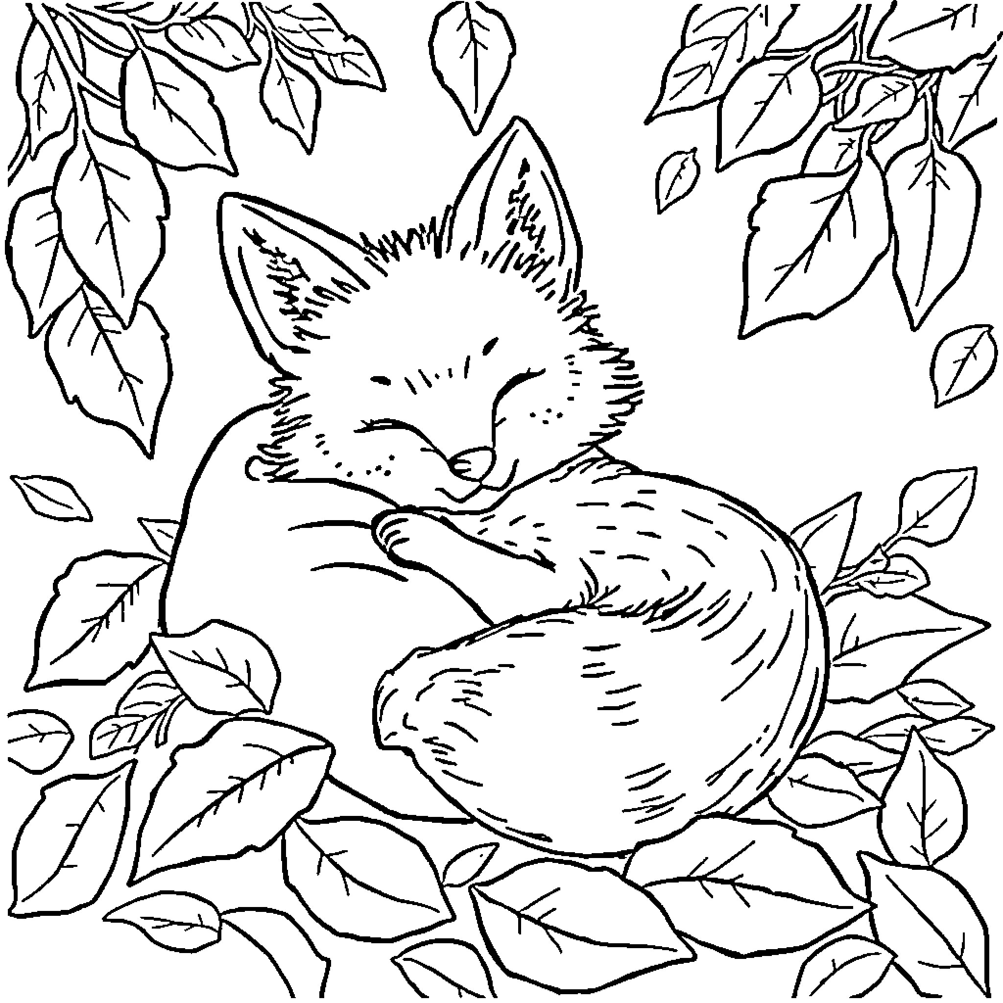 Fox napping peacefully amidst autumn leaves Coloring Page (free black-and-white line drawing printable PDF for all, from beginners to advanced learners, including children, teens, adults, and seniors)