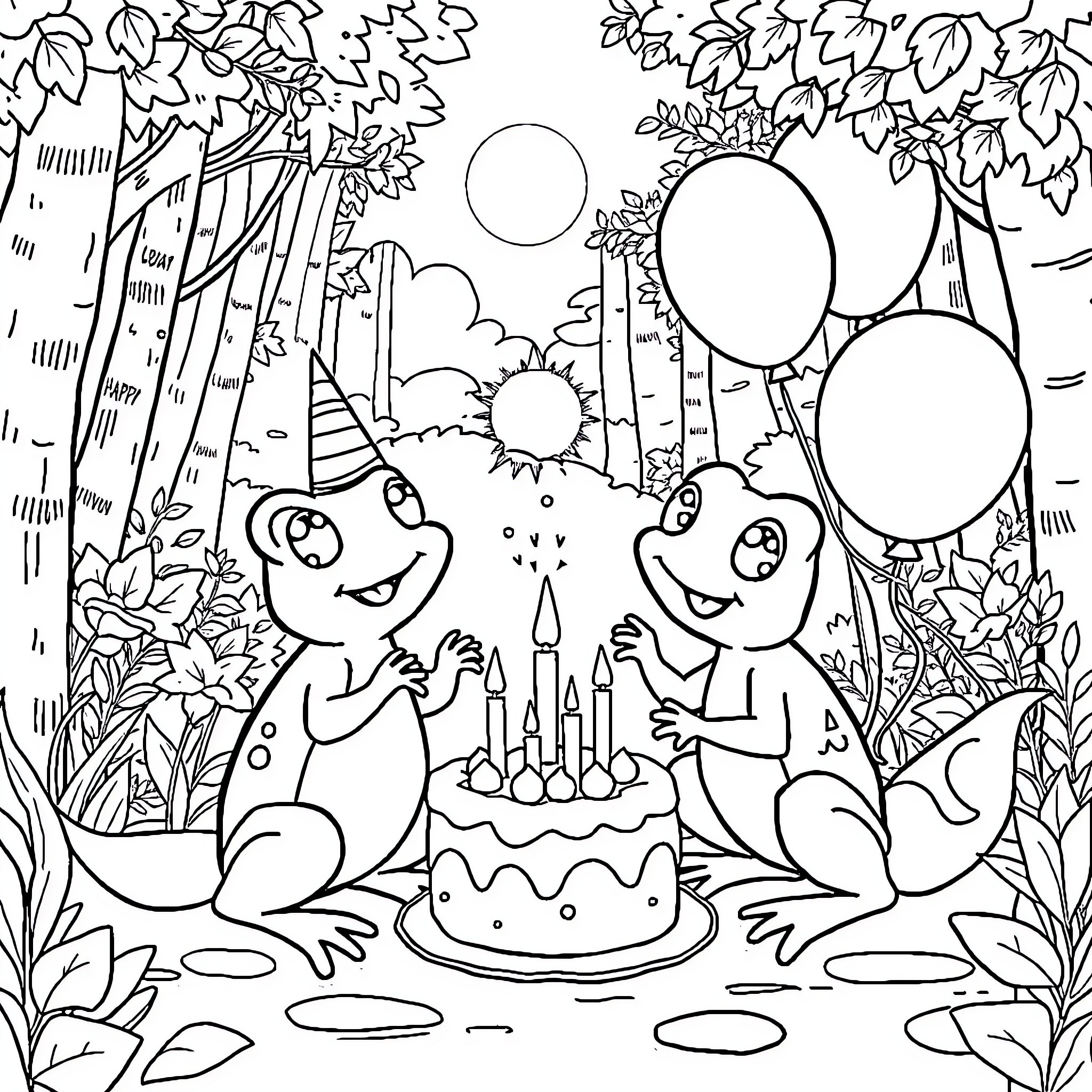Frog friends celebrating birthday in forest Coloring Page (free black-and-white line drawing printable PDF for all, from beginners to advanced learners, including children, teens, adults, and seniors)