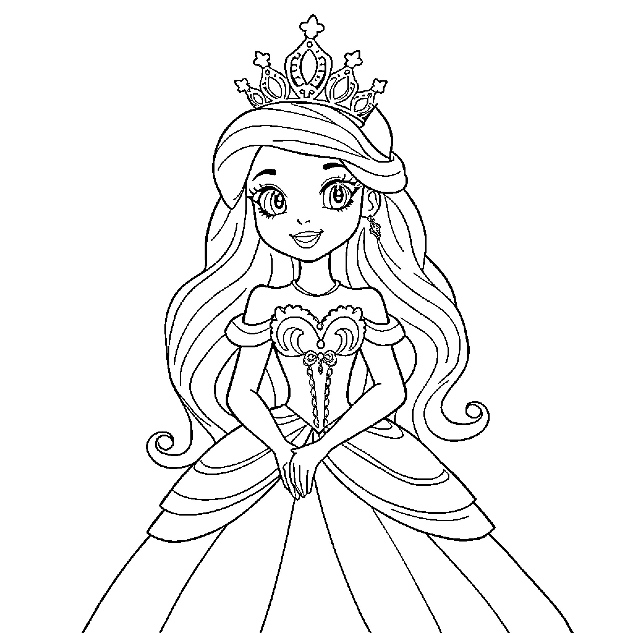 Princess in Elegant Gown with Crown Coloring Page (free black-and-white line drawing printable PDF for all, from beginners to advanced learners, including children, teens, adults, and seniors)