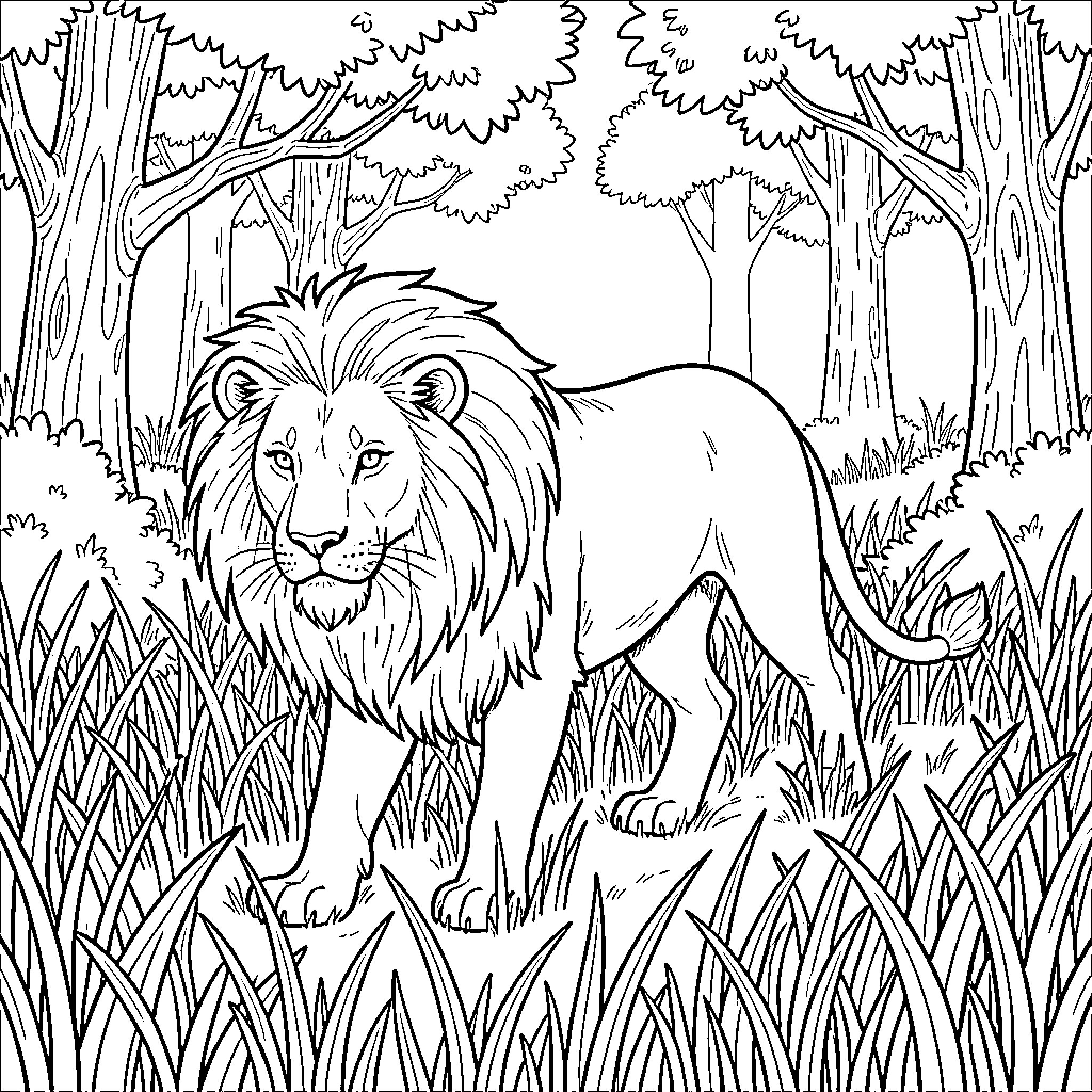 Lion walking through a dense forest Coloring Page (free black-and-white line drawing printable PDF for all, from beginners to advanced learners, including children, teens, adults, and seniors)