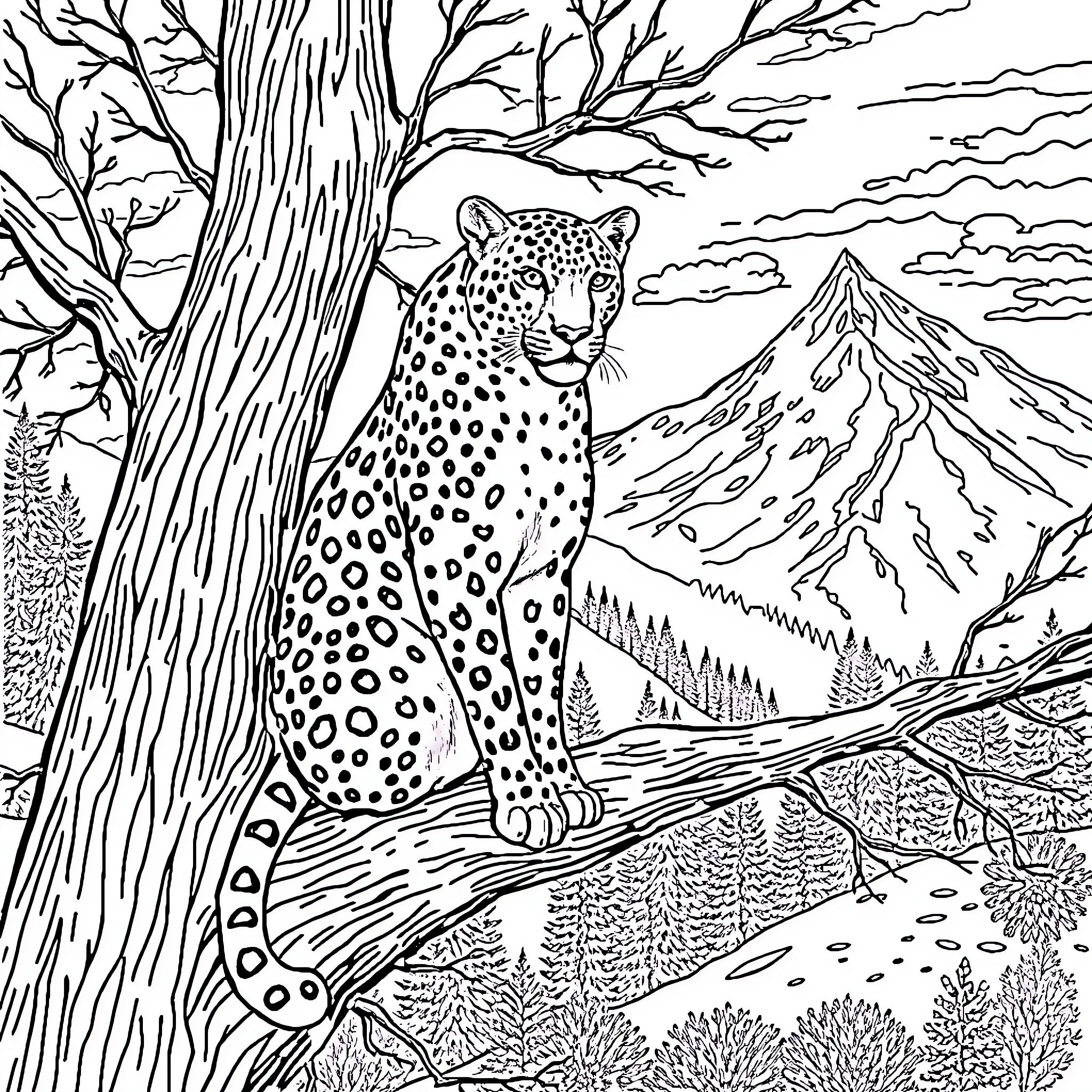 Snow Leopard Prowling Through Snowy Wilderness Coloring Page (free black-and-white line drawing printable PDF for all, from beginners to advanced learners, including children, teens, adults, and seniors)