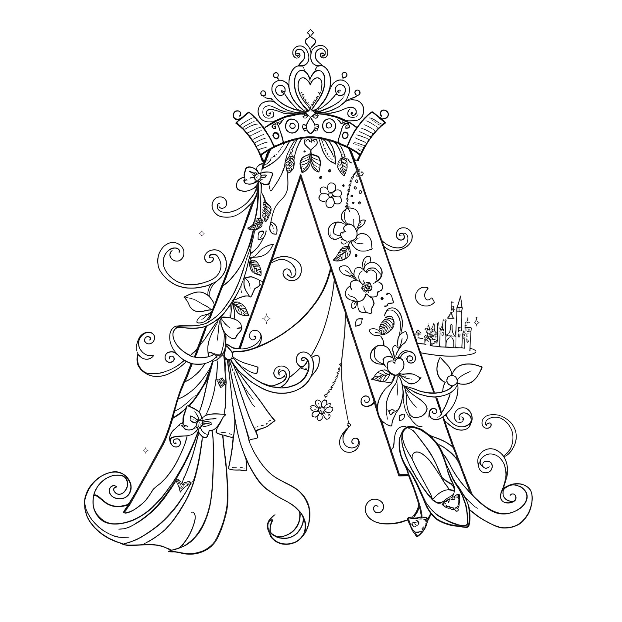Letter A Depicting Princess with Ornate Crown and Dress Coloring Page (free black-and-white line drawing printable PDF for all, from beginners to advanced learners, including children, teens, adults, and seniors)