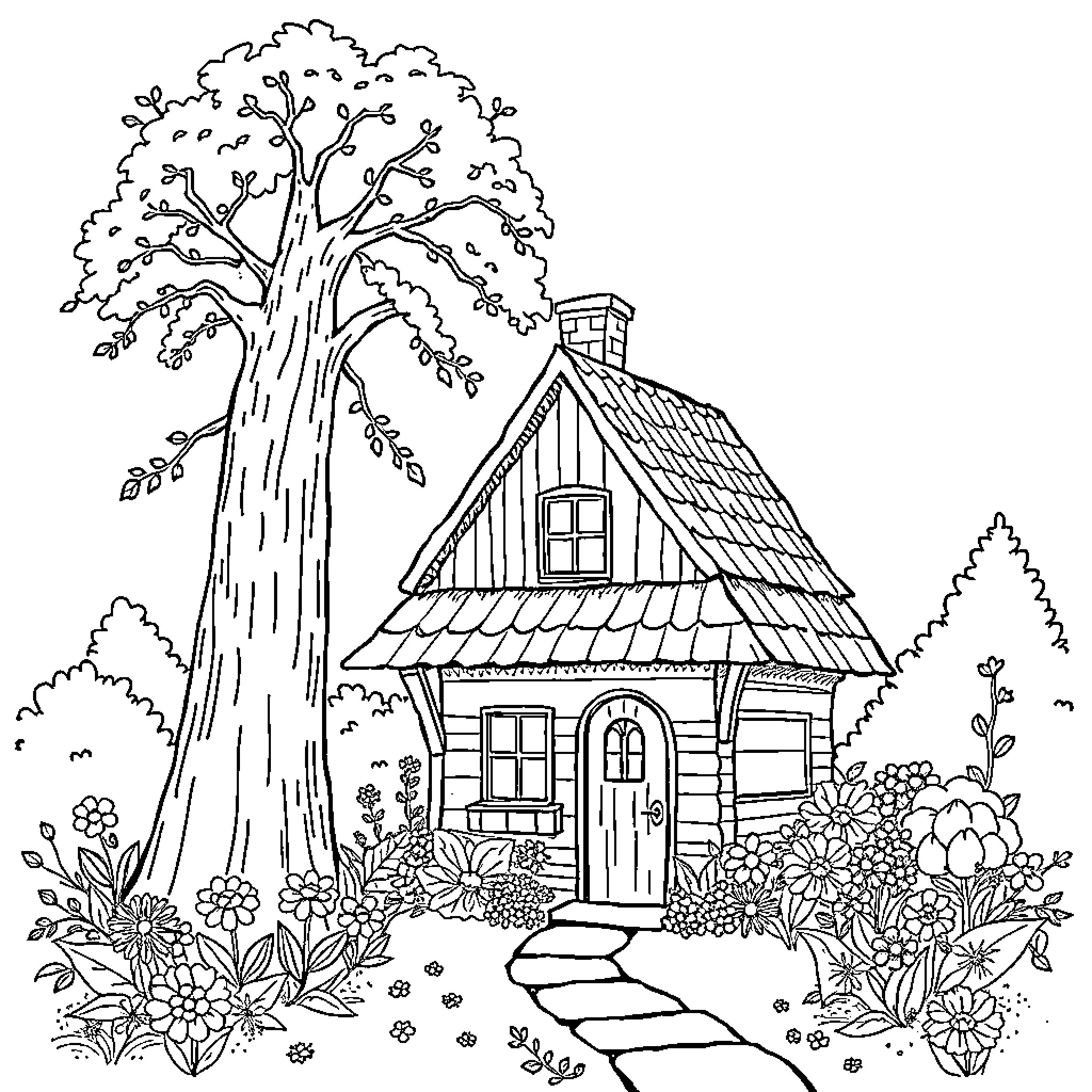 House in a Charming Cottage Garden Coloring Page (free black-and-white line drawing printable PDF for all, from beginners to advanced learners, including children, teens, adults, and seniors)