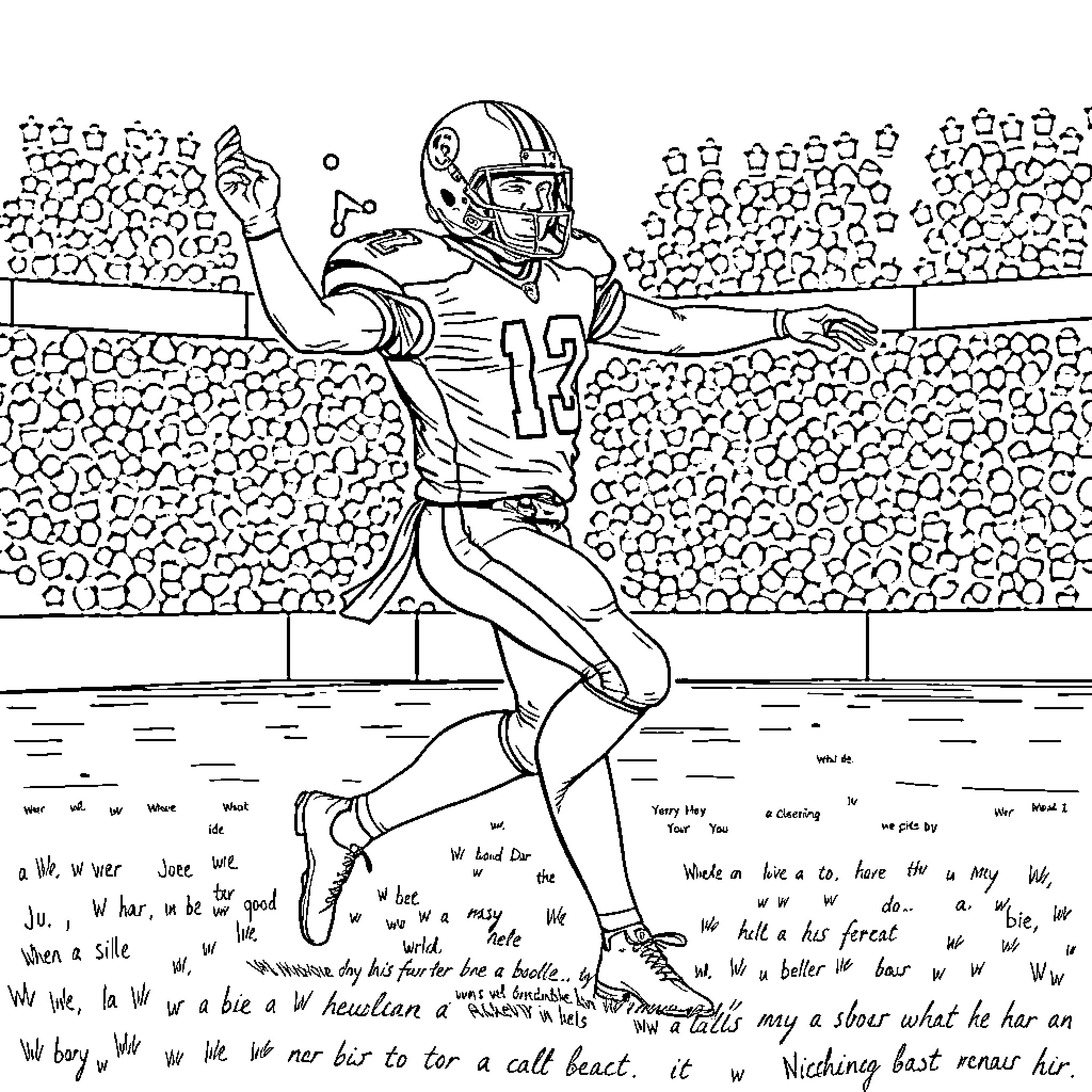 Football Player Running and Passing the Ball Coloring Page (free black-and-white line drawing printable PDF for all, from beginners to advanced learners, including children, teens, adults, and seniors)