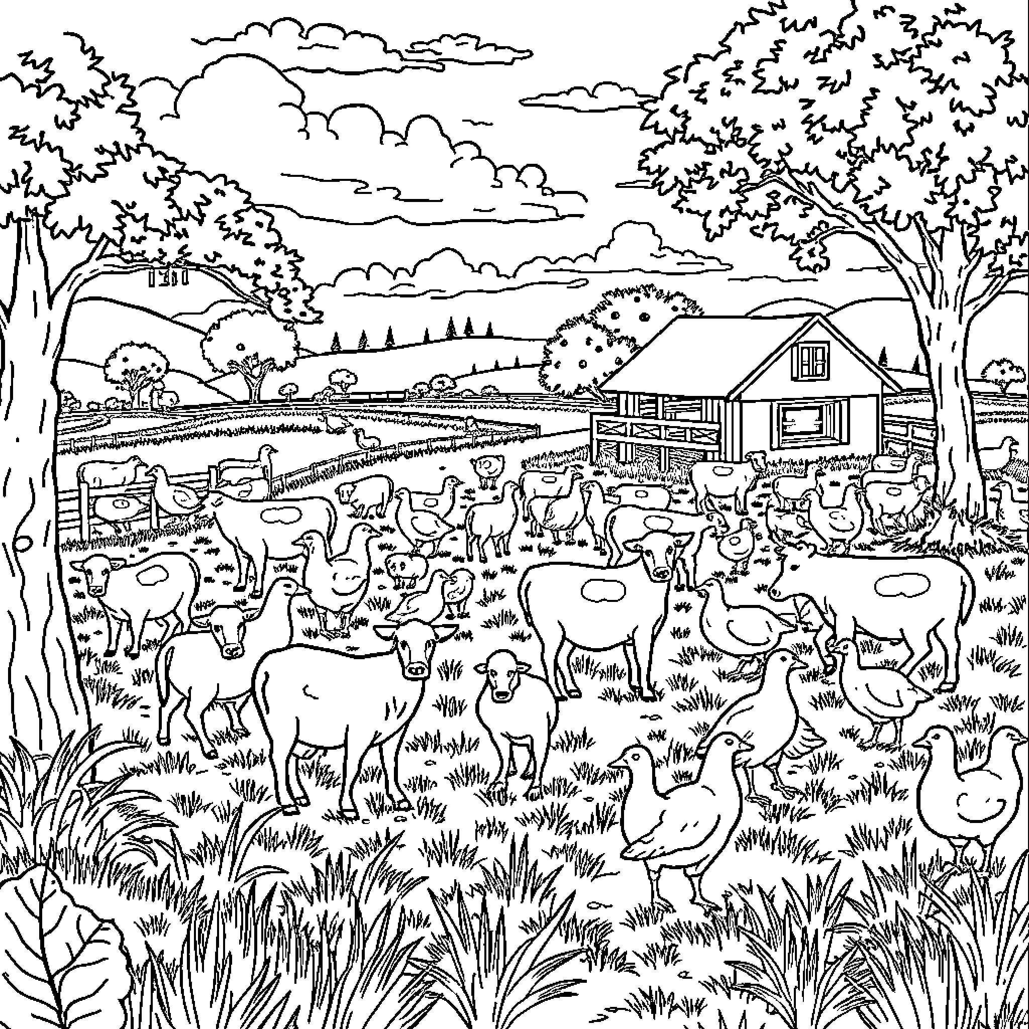 Farm scene with livestock and rural landscape Coloring Page (free black-and-white line drawing printable PDF for all, from beginners to advanced learners, including children, teens, adults, and seniors)