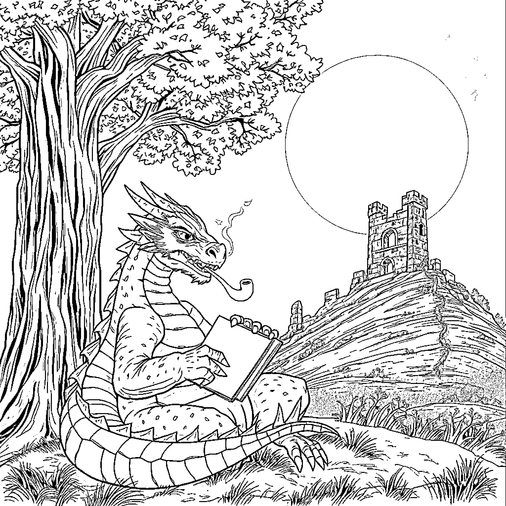 Dragon guarding the medieval castle under the moonlight Coloring Page (free black-and-white line drawing printable PDF for all, from beginners to advanced learners, including children, teens, adults, and seniors)