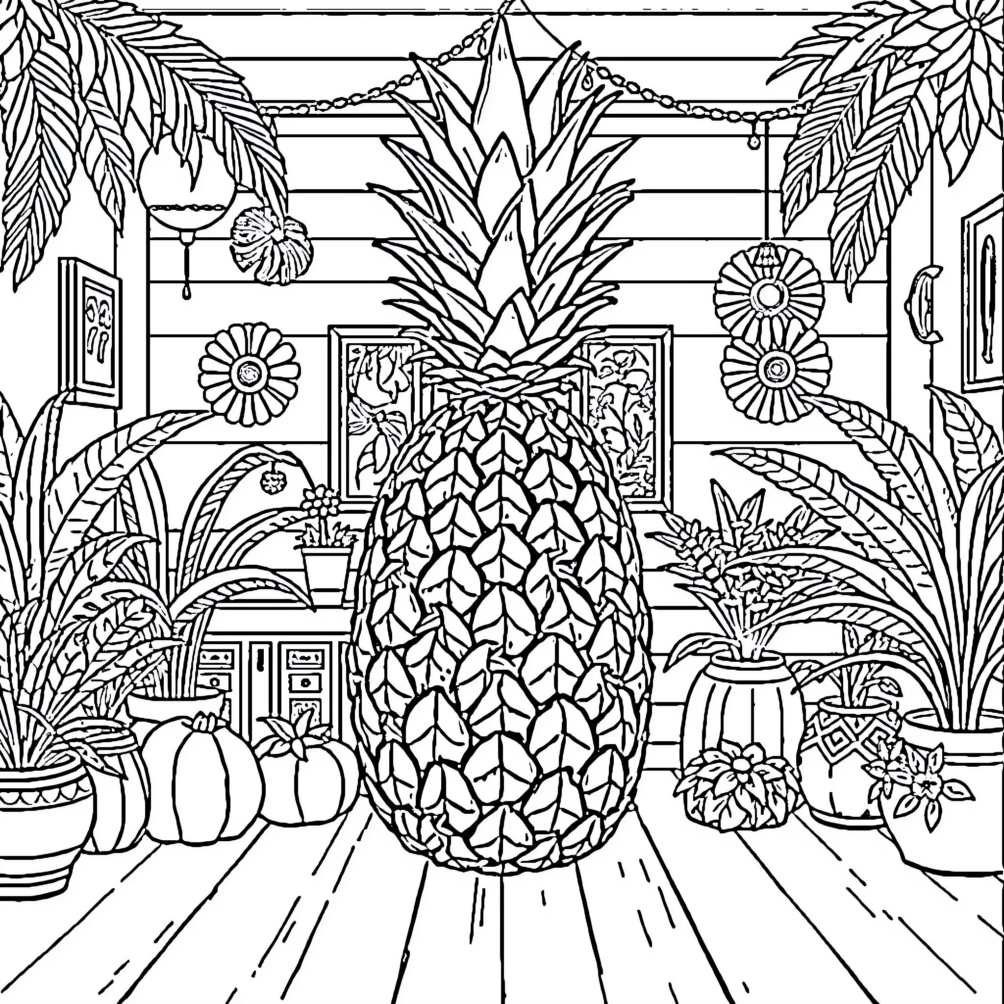 Pineapple in Tropical Interior Design Coloring Page (free black-and-white line drawing printable PDF for all, from beginners to advanced learners, including children, teens, adults, and seniors)