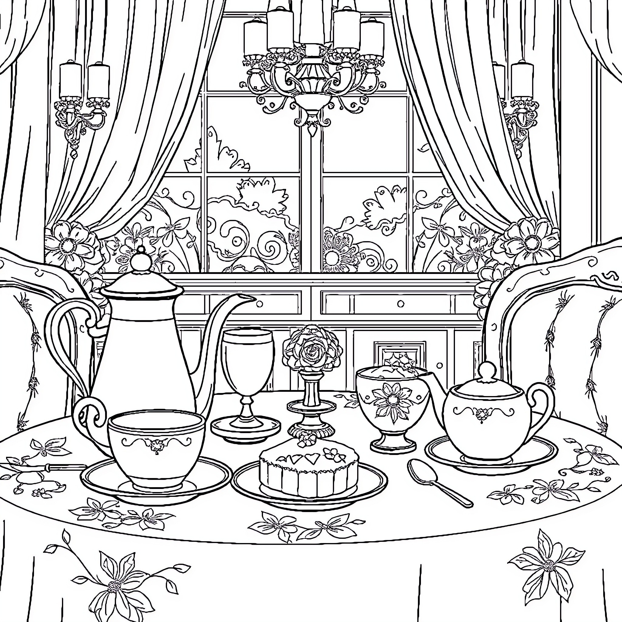 Tea Time in an Elegant Drawing Room Coloring Page (free black-and-white line drawing printable PDF for all, from beginners to advanced learners, including children, teens, adults, and seniors)