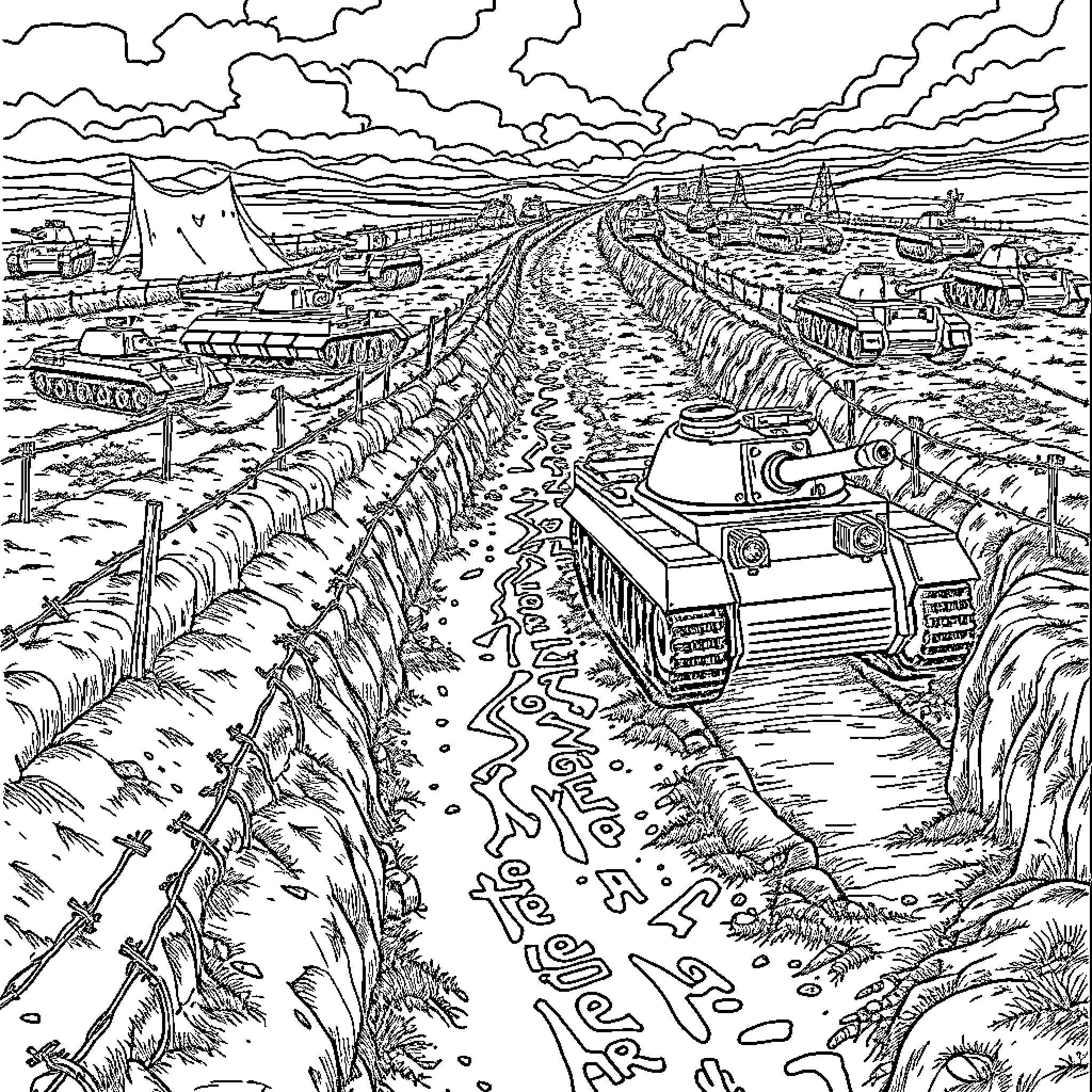 Battlefield with Military Vehicles and Winding Road Coloring Page (free black-and-white line drawing printable PDF for all, from beginners to advanced learners, including children, teens, adults, and seniors)
