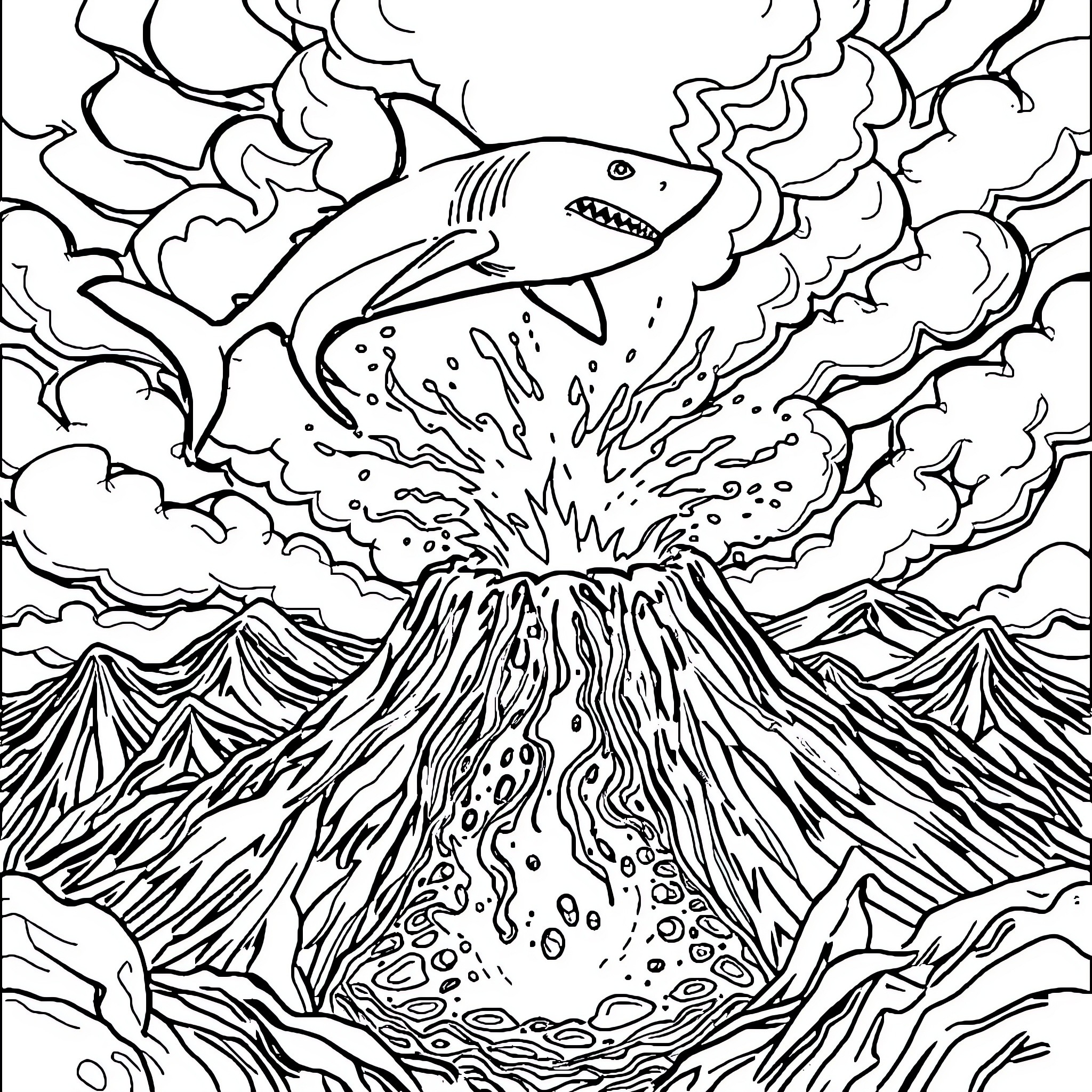 Volcano erupting with a shark leaping out Coloring Page (free black-and-white line drawing printable PDF for all, from beginners to advanced learners, including children, teens, adults, and seniors)
