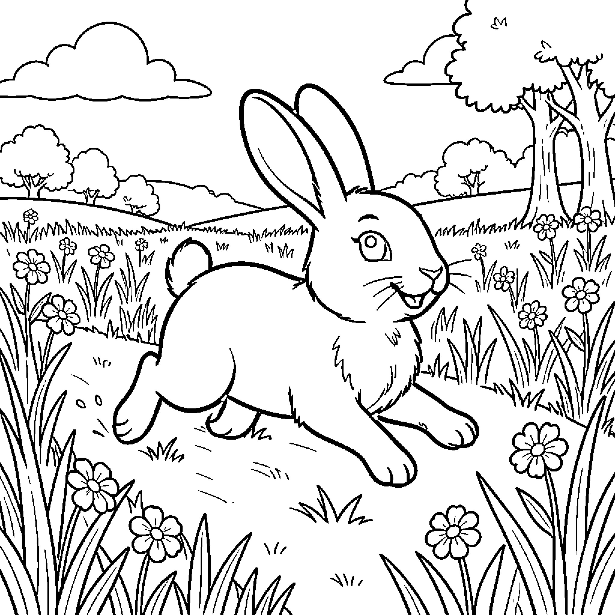 Rabbit hopping joyfully through a flowery meadow Coloring Page (free black-and-white line drawing printable PDF for all, from beginners to advanced learners, including children, teens, adults, and seniors)