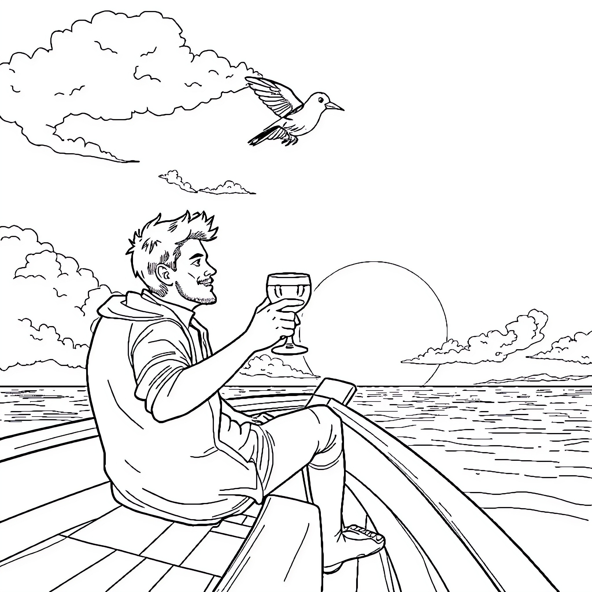 Laurent enjoys a peaceful sunset by the sea Coloring Page (free black-and-white line drawing printable PDF for all, from beginners to advanced learners, including children, teens, adults, and seniors)