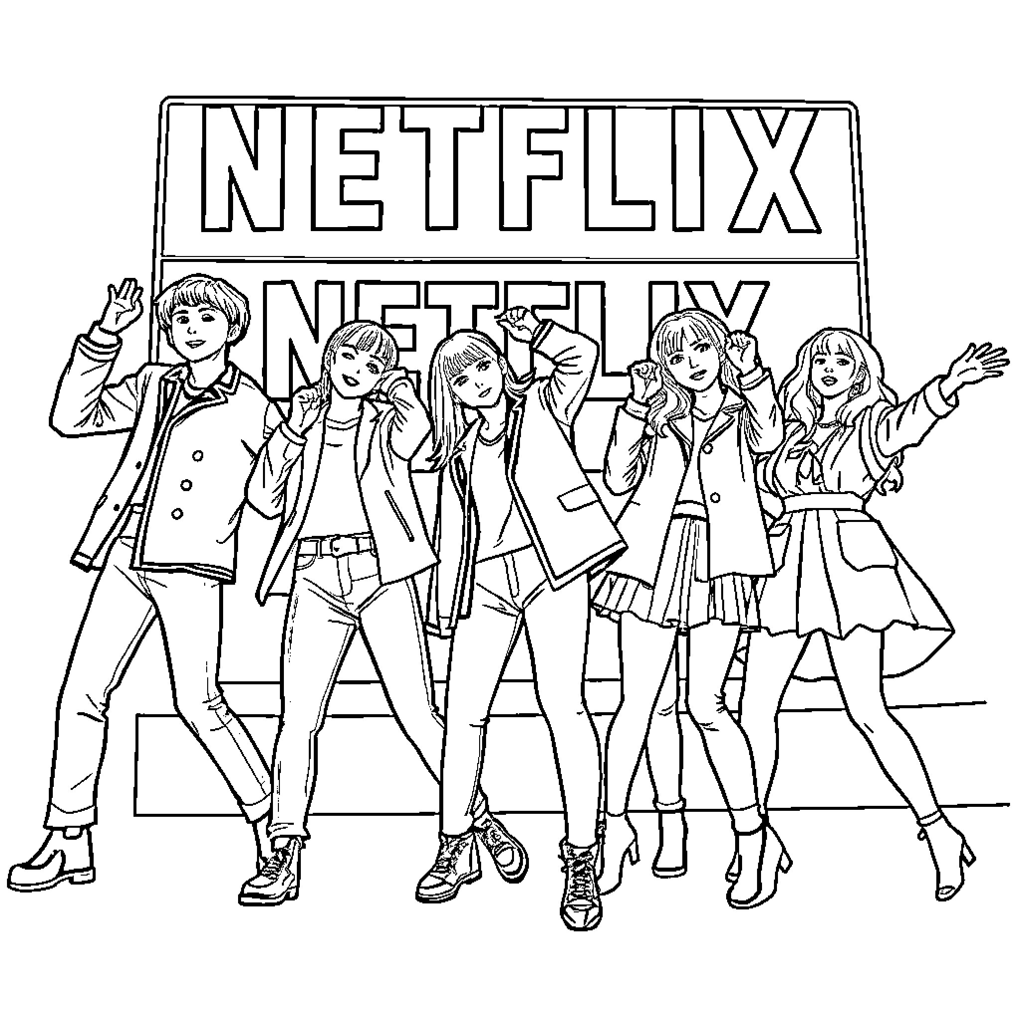 Kpop group poses in front of Netflix logo Coloring Page (free black-and-white line drawing printable PDF for all, from beginners to advanced learners, including children, teens, adults, and seniors)