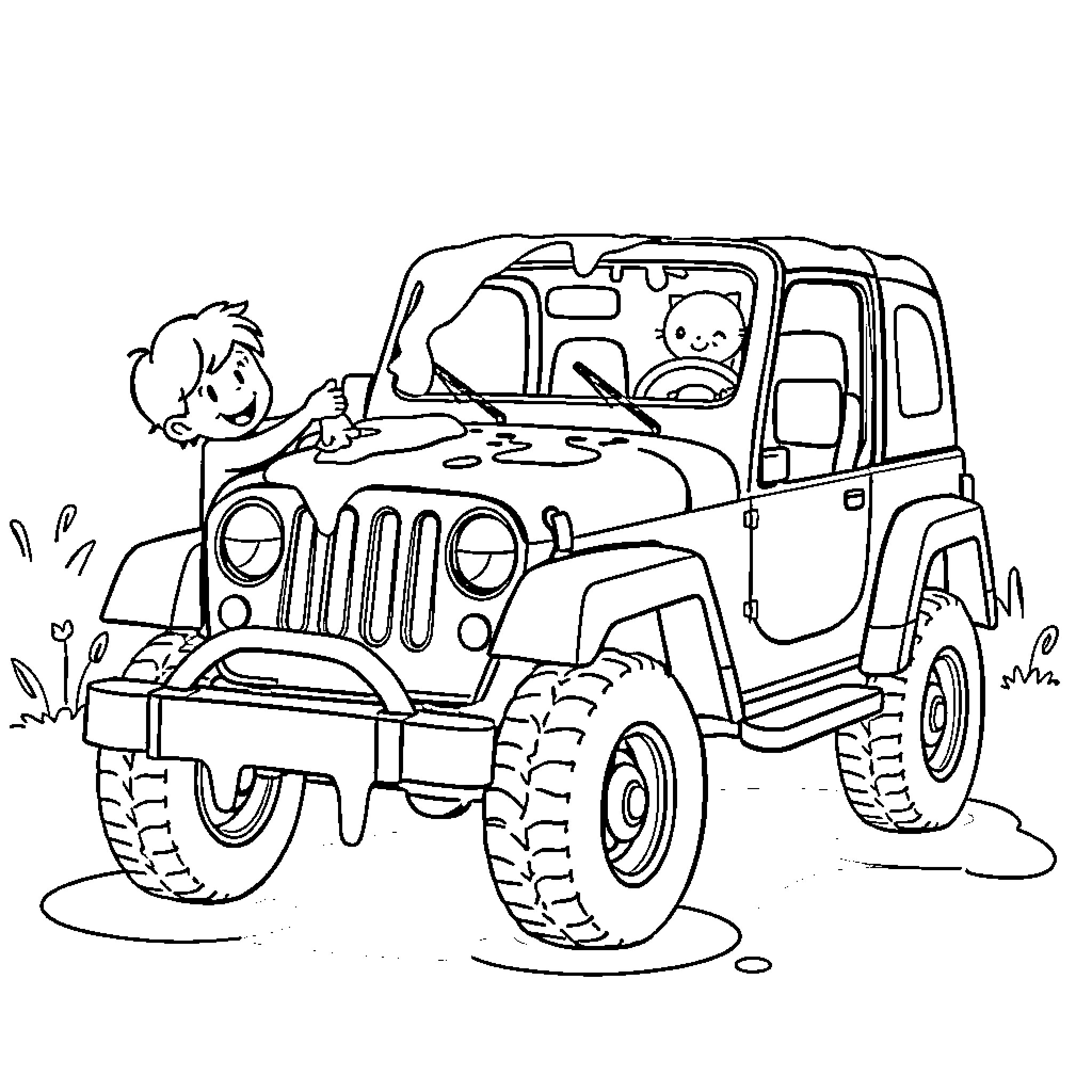 Kid driving off-road vehicle in the outdoors Coloring Page (free black-and-white line drawing printable PDF for all, from beginners to advanced learners, including children, teens, adults, and seniors)